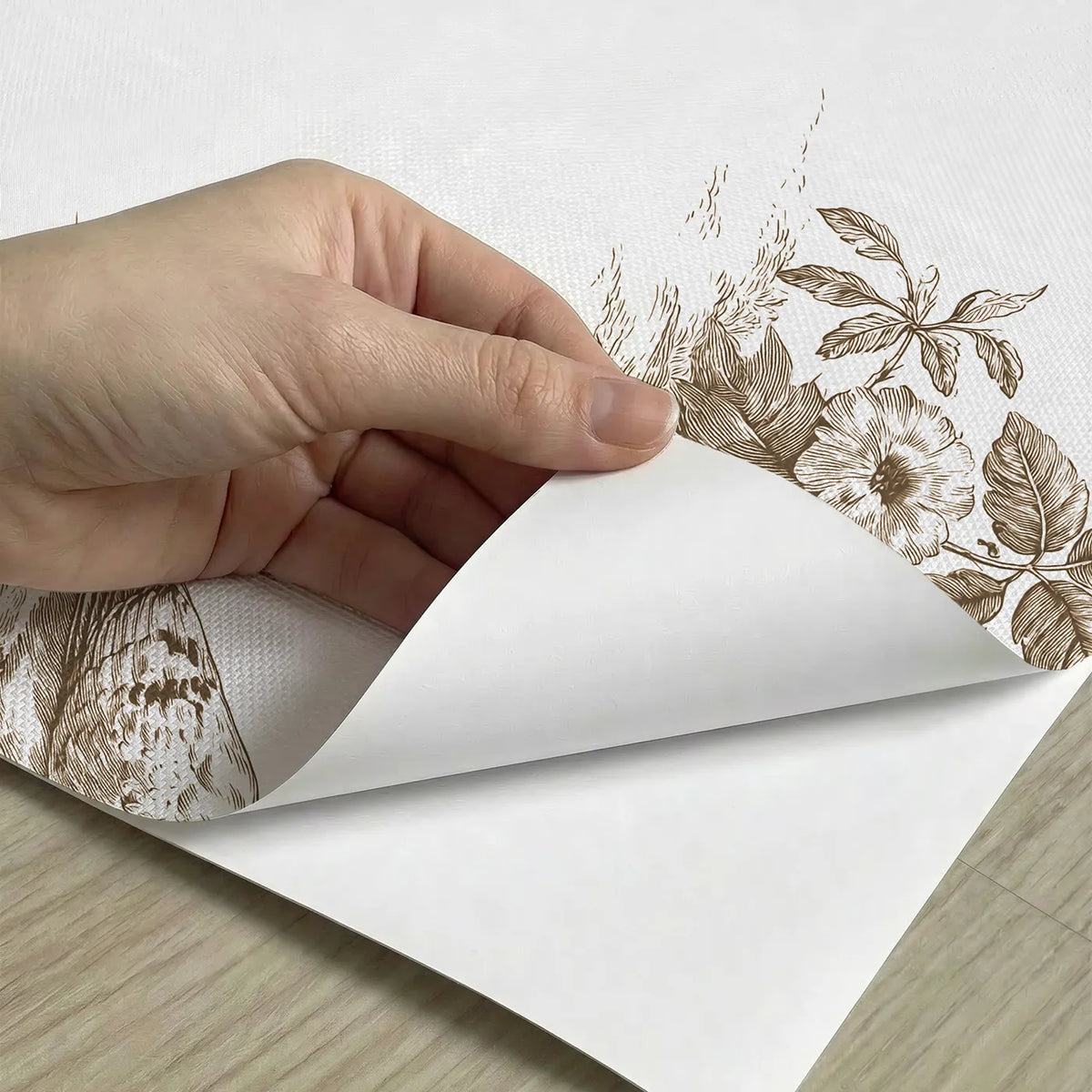 Dove Toile Scene in Brown peel and stick material close-up - Whimsy Tots