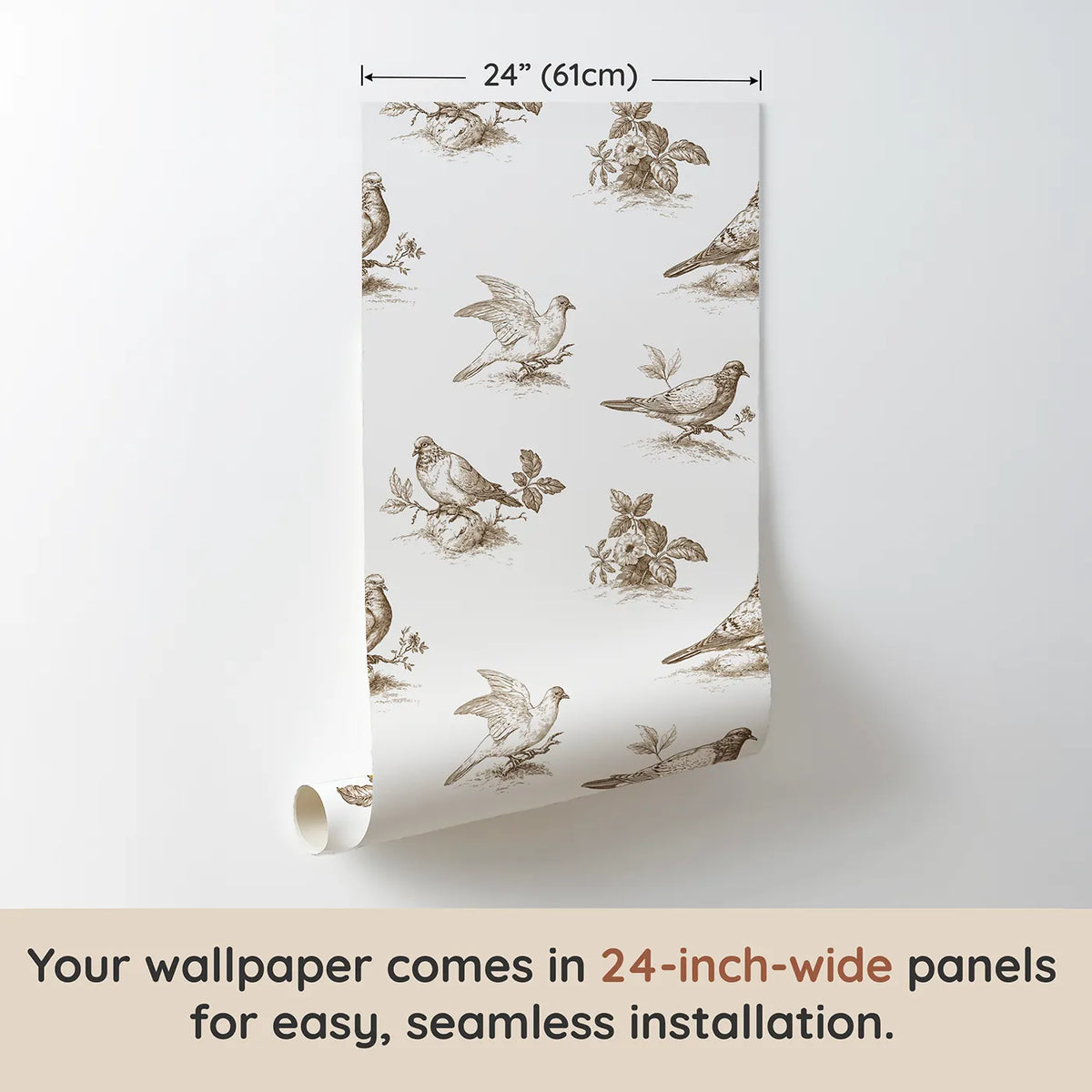 Dove Toile Scene in Brown wallpaper panel dimensions - Whimsy Tots