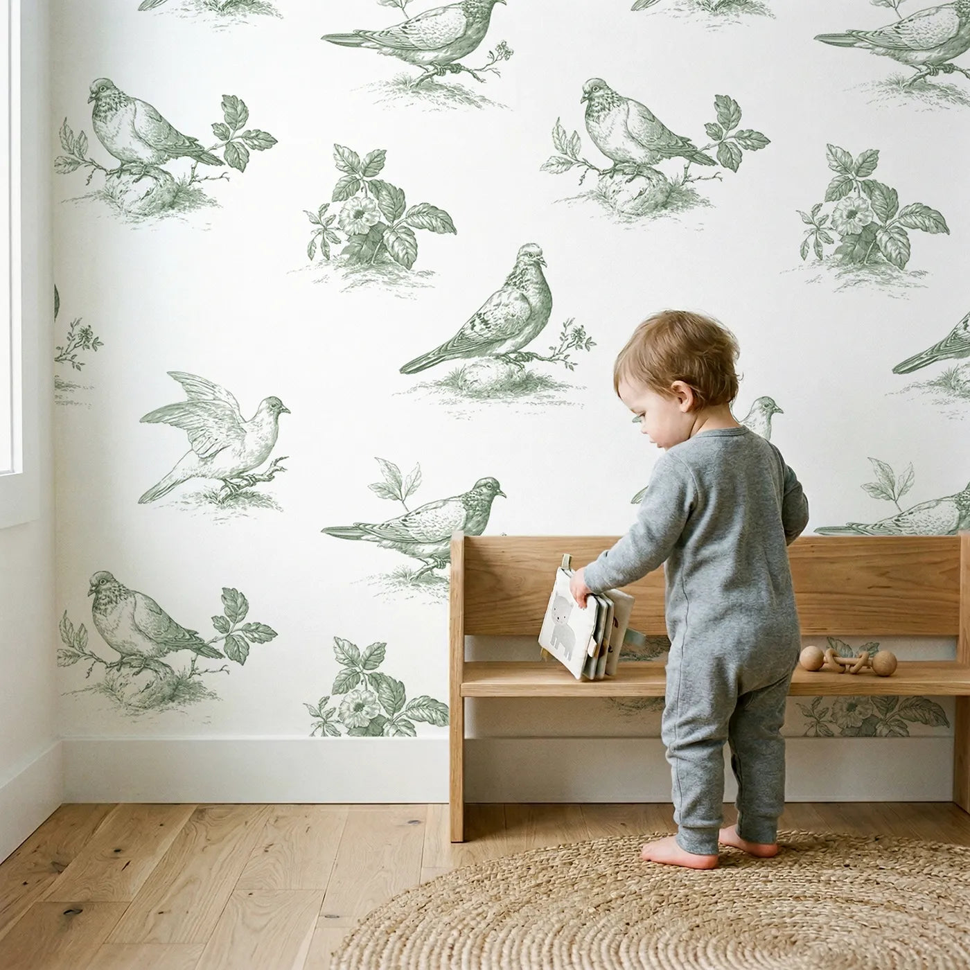 Dove Toile Scene in Green wallpaper in a cozy kids room - Whimsy Tots