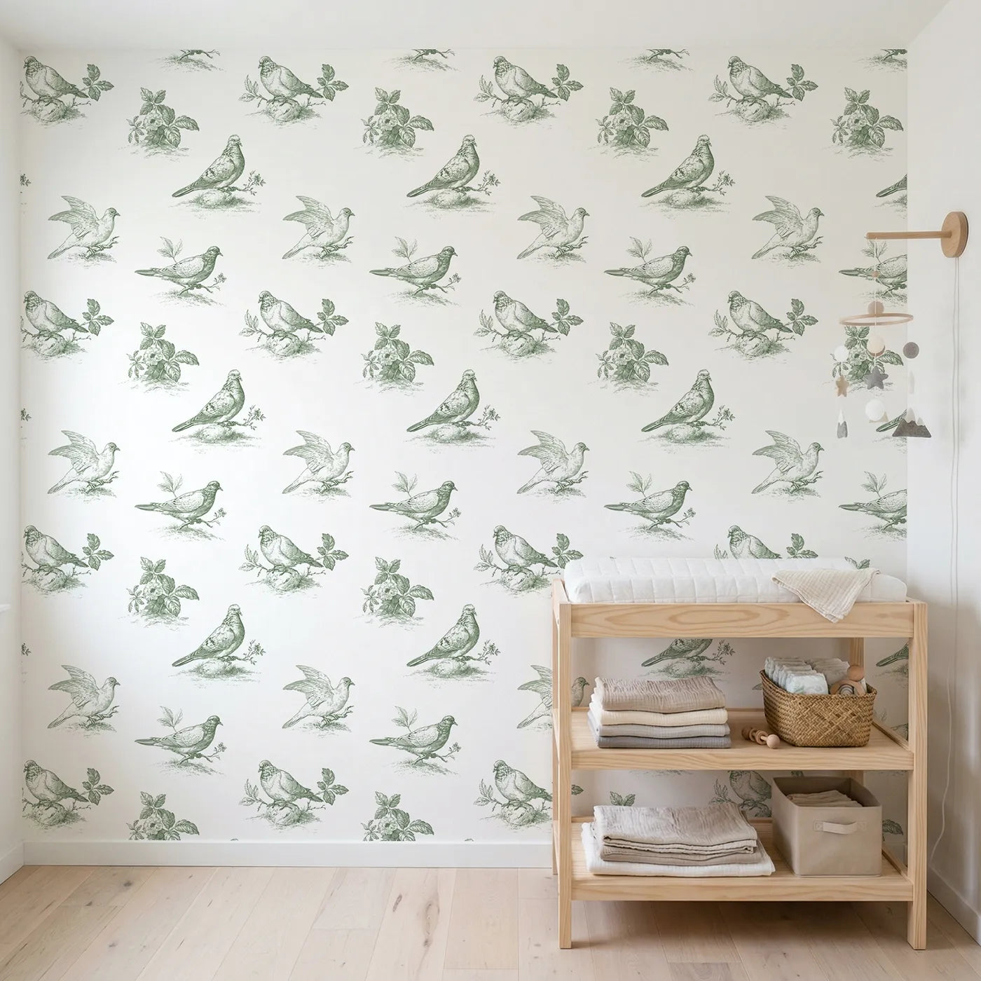 Dove Toile Scene in Green wallpaper in a styled nursery - Whimsy Tots
