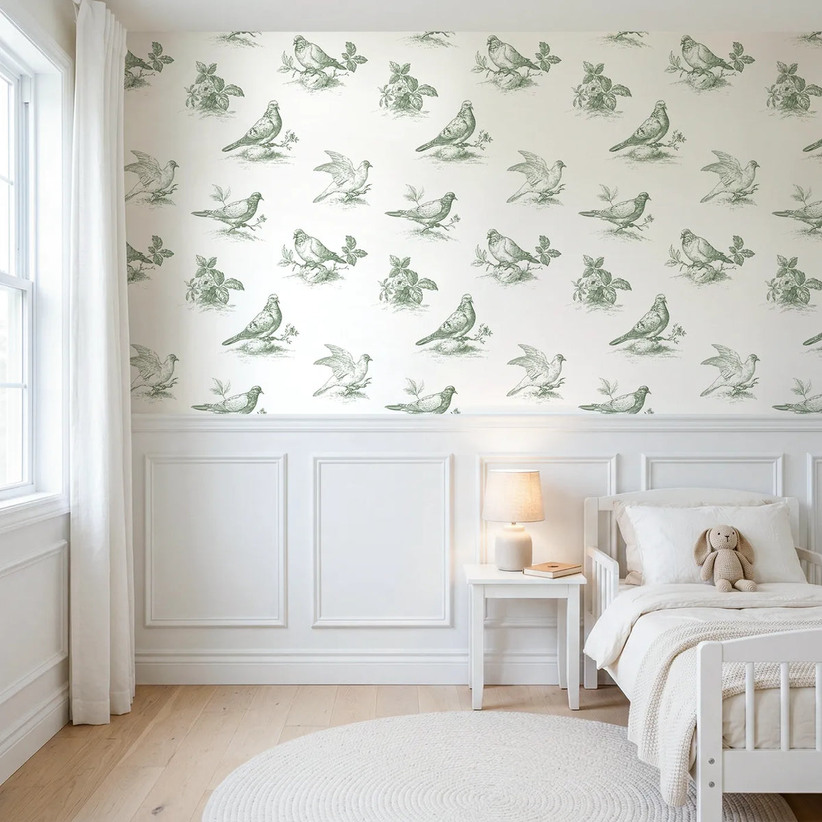 Dove Toile Scene in Green wallpaper above wainscoting - Whimsy Tots