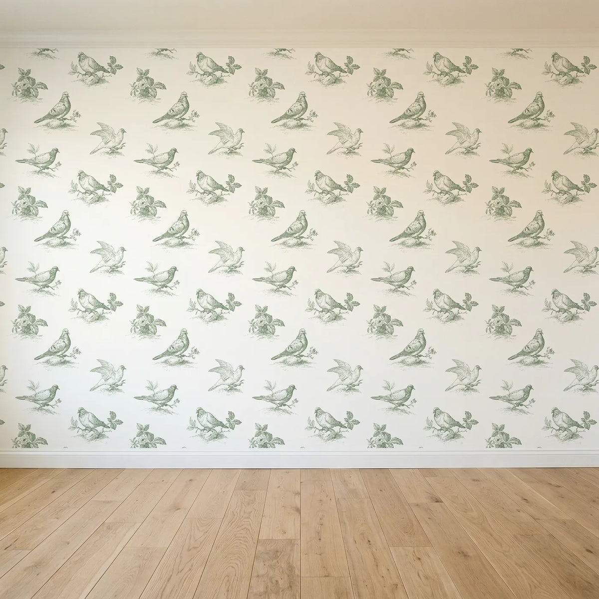 Dove Toile Scene in Green seamless wallpaper full pattern - Whimsy Tots