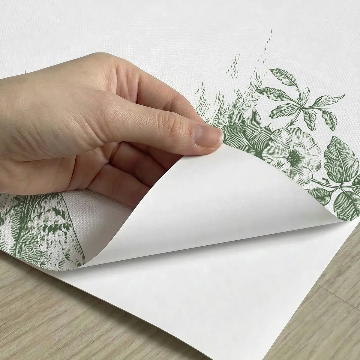 Dove Toile Scene in Green peel and stick material close-up - Whimsy Tots