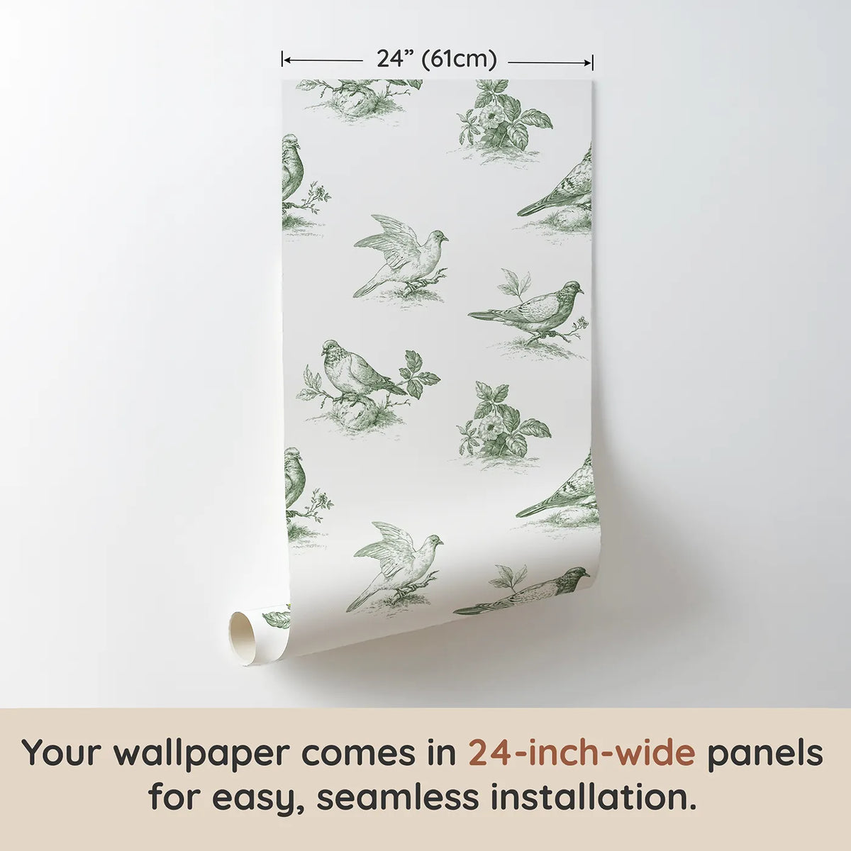 Dove Toile Scene in Green wallpaper panel dimensions - Whimsy Tots
