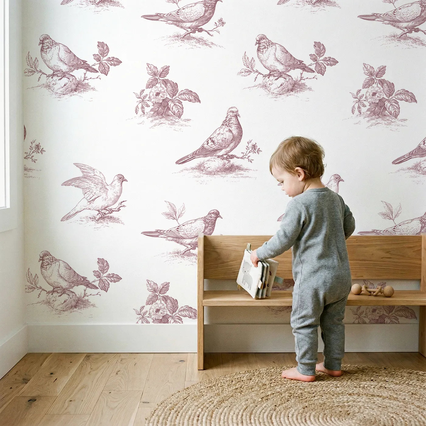 Dove Toile Scene in Pink wallpaper in a cozy kids room - Whimsy Tots