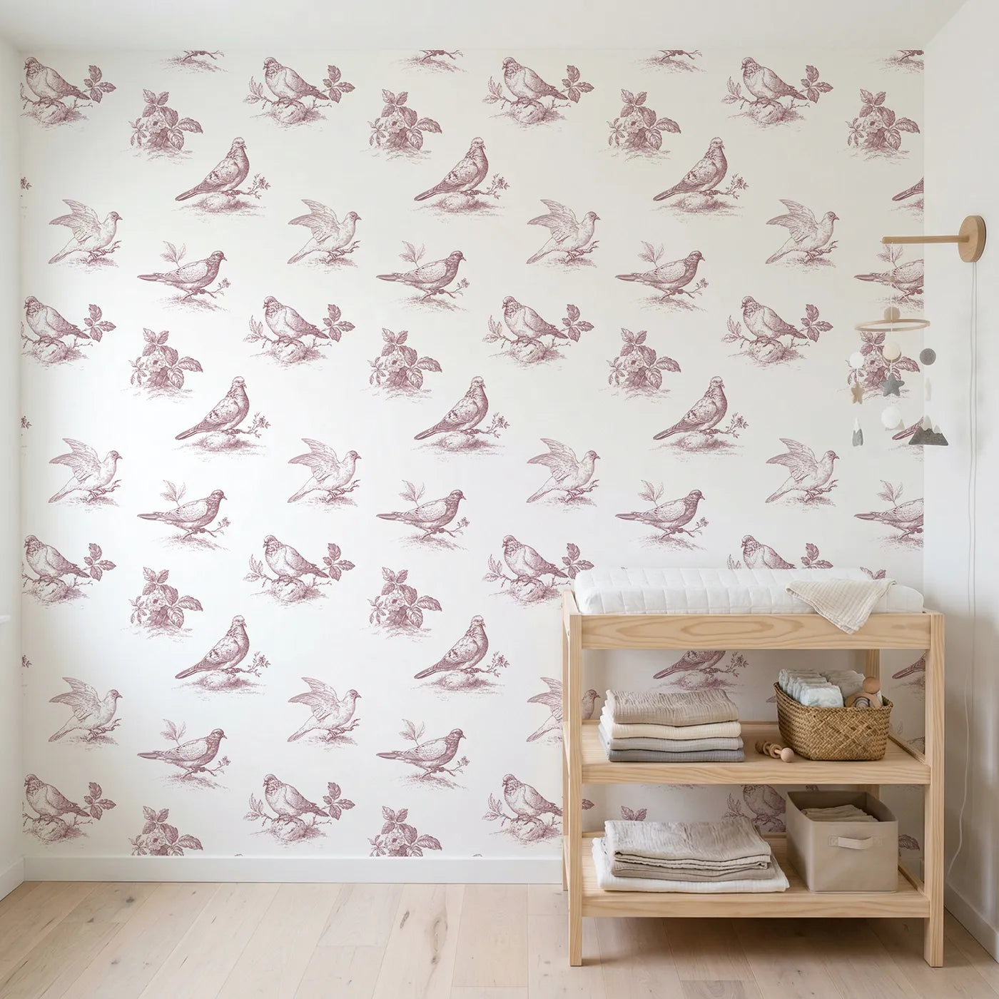 Dove Toile Scene in Pink wallpaper in a styled nursery - Whimsy Tots
