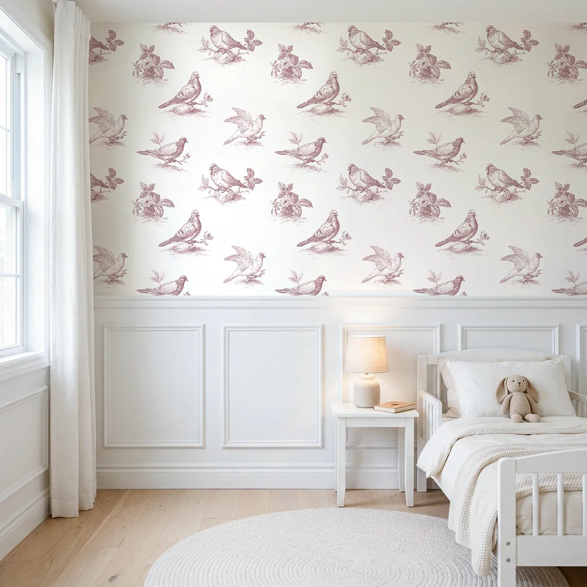 Dove Toile Scene in Pink wallpaper above wainscoting - Whimsy Tots