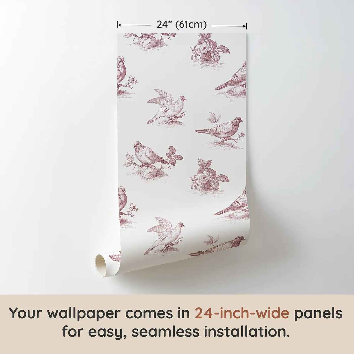 Dove Toile Scene in Pink wallpaper panel dimensions - Whimsy Tots