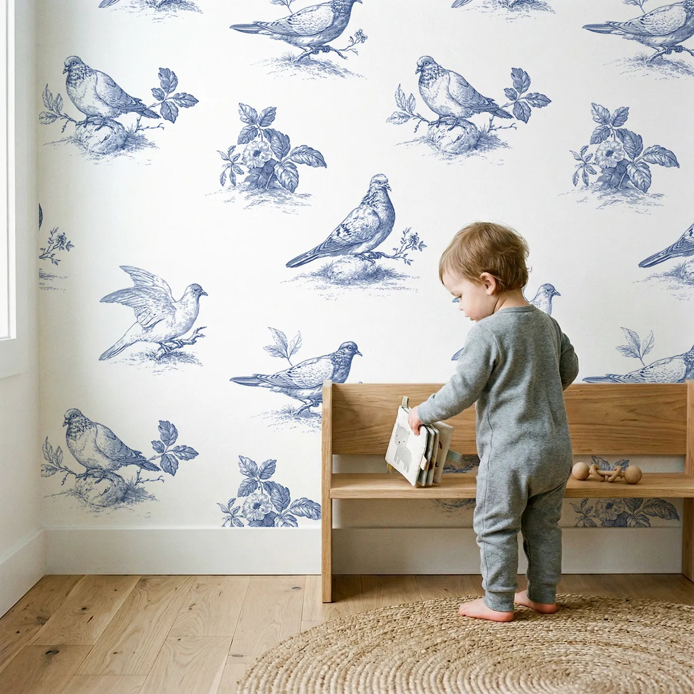 Dove Toile Scene wallpaper in a cozy kids room - Whimsy Tots