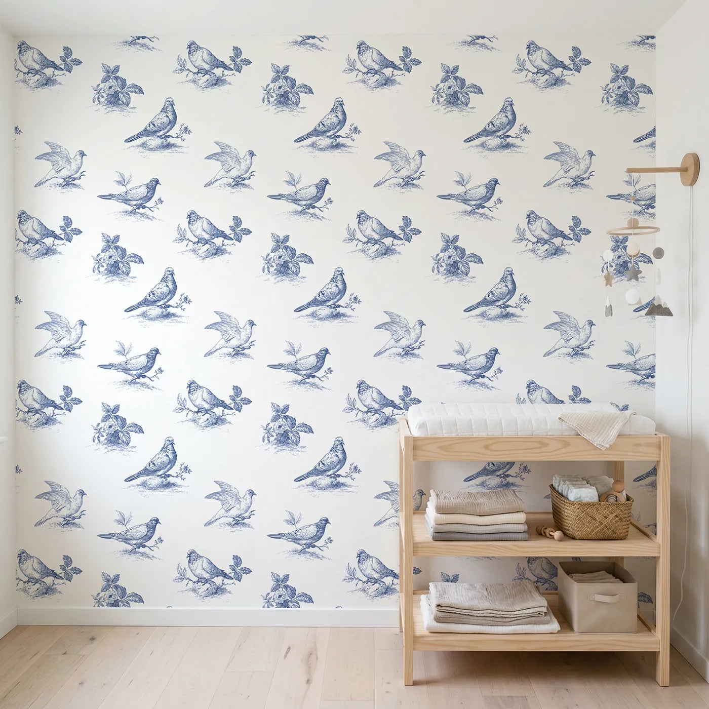 Dove Toile Scene wallpaper in a styled nursery - Whimsy Tots