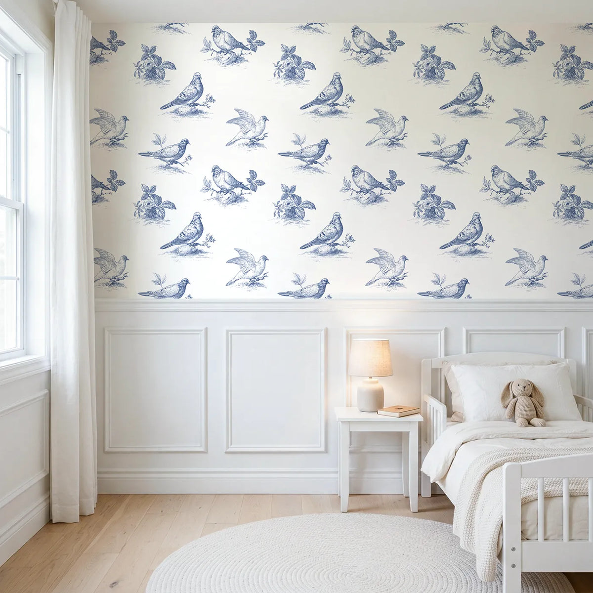 Dove Toile Scene wallpaper above wainscoting - Whimsy Tots