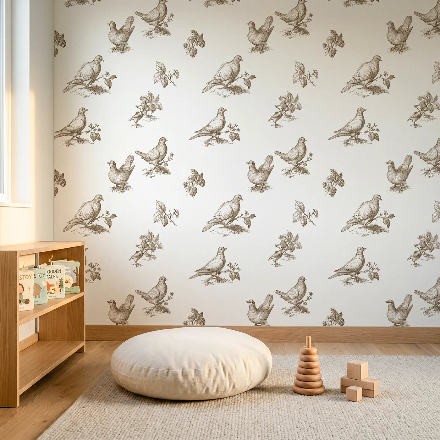 Dove Toile Garden in Brown wallpaper in a styled nursery - Whimsy Tots