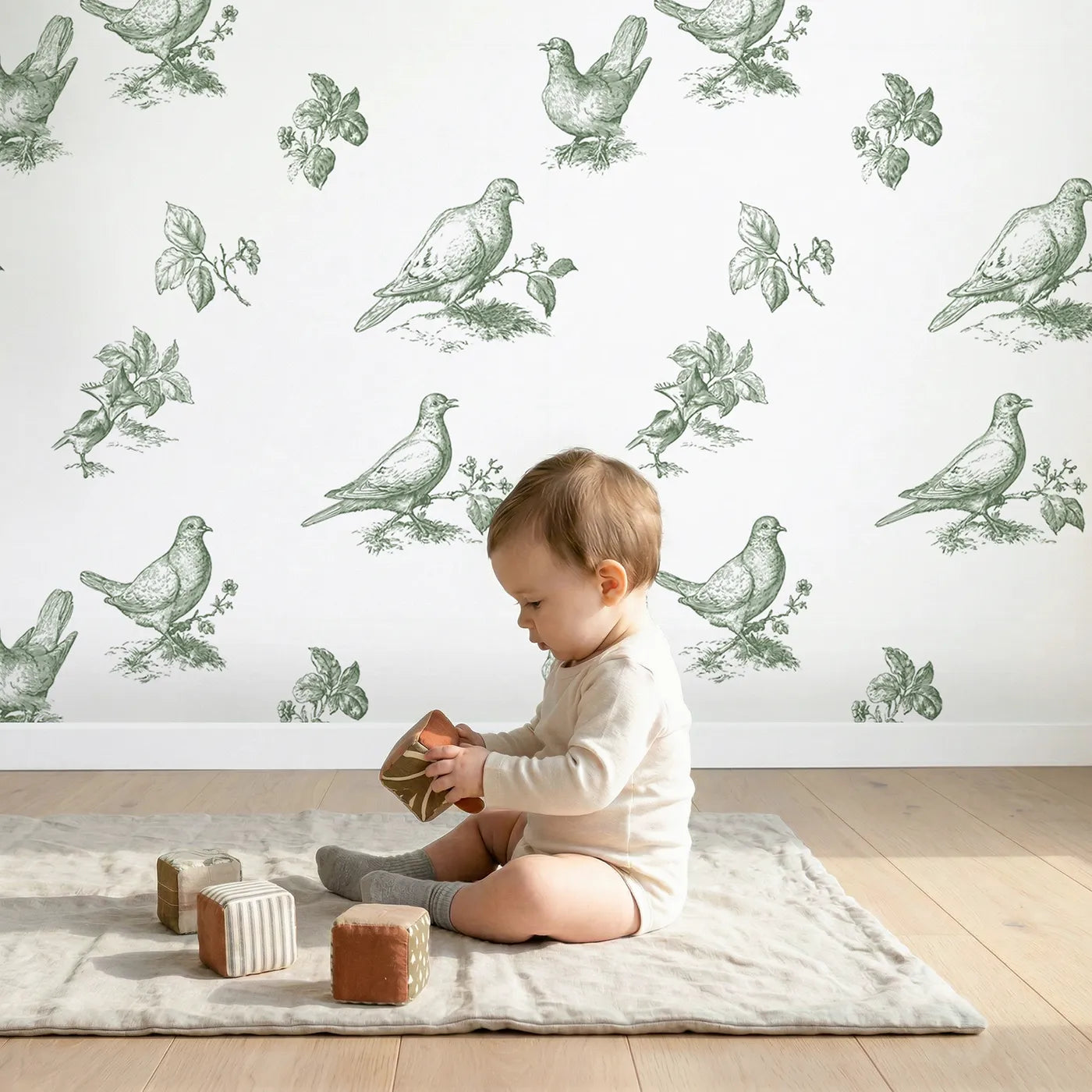 Dove Toile Garden in Green wallpaper in a cozy kids room - Whimsy Tots