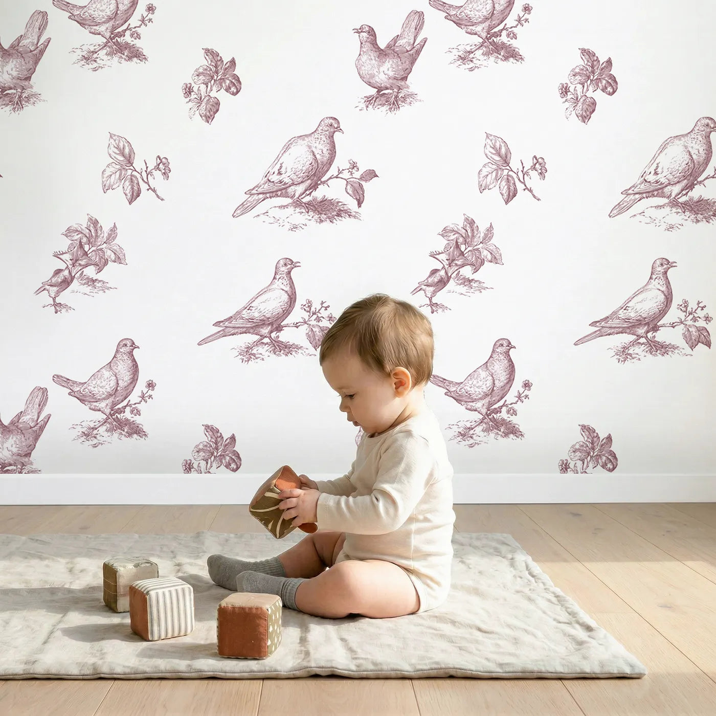 Dove Toile Garden in Pink wallpaper in a cozy kids room - Whimsy Tots