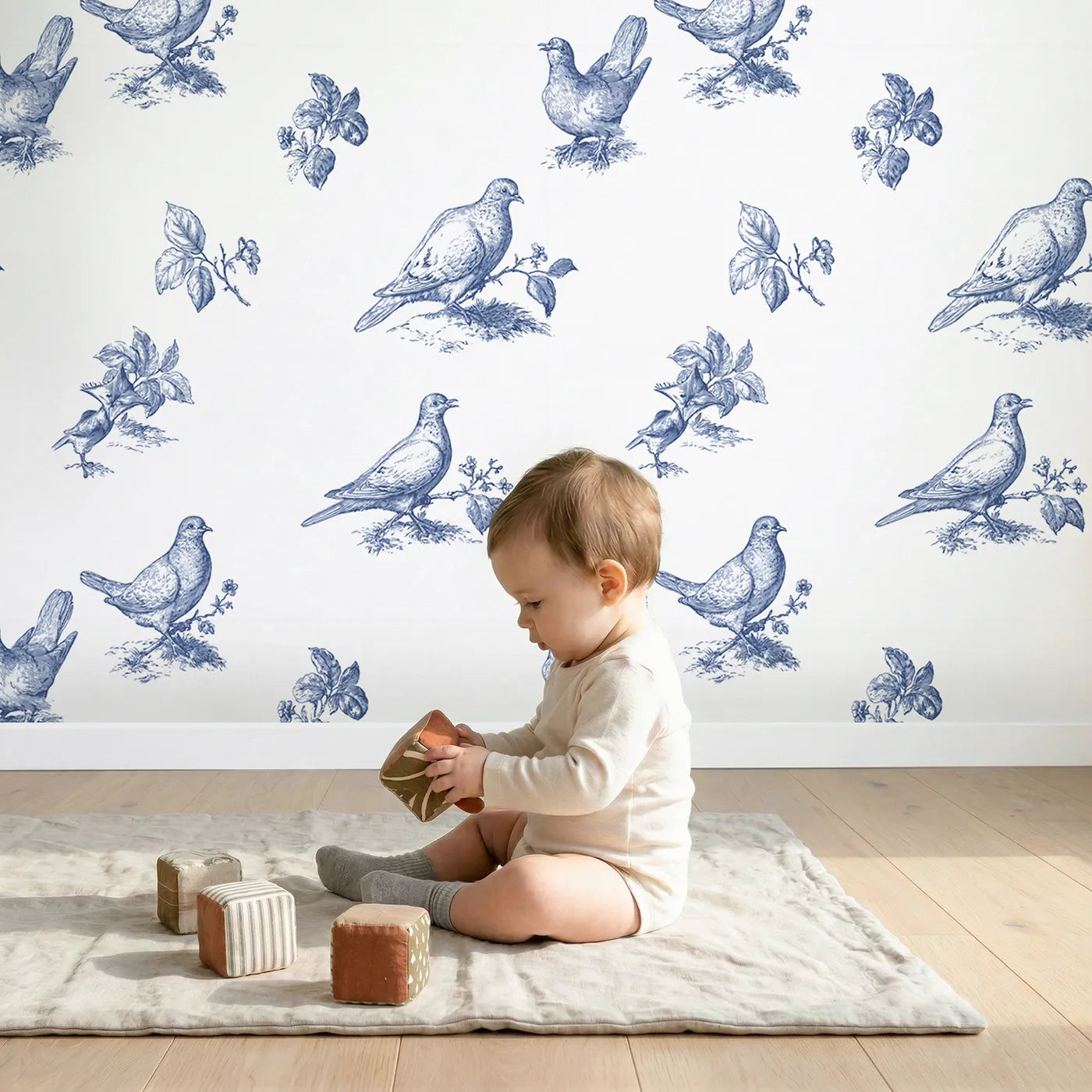 Dove Toile Garden wallpaper in a cozy kids room - Whimsy Tots