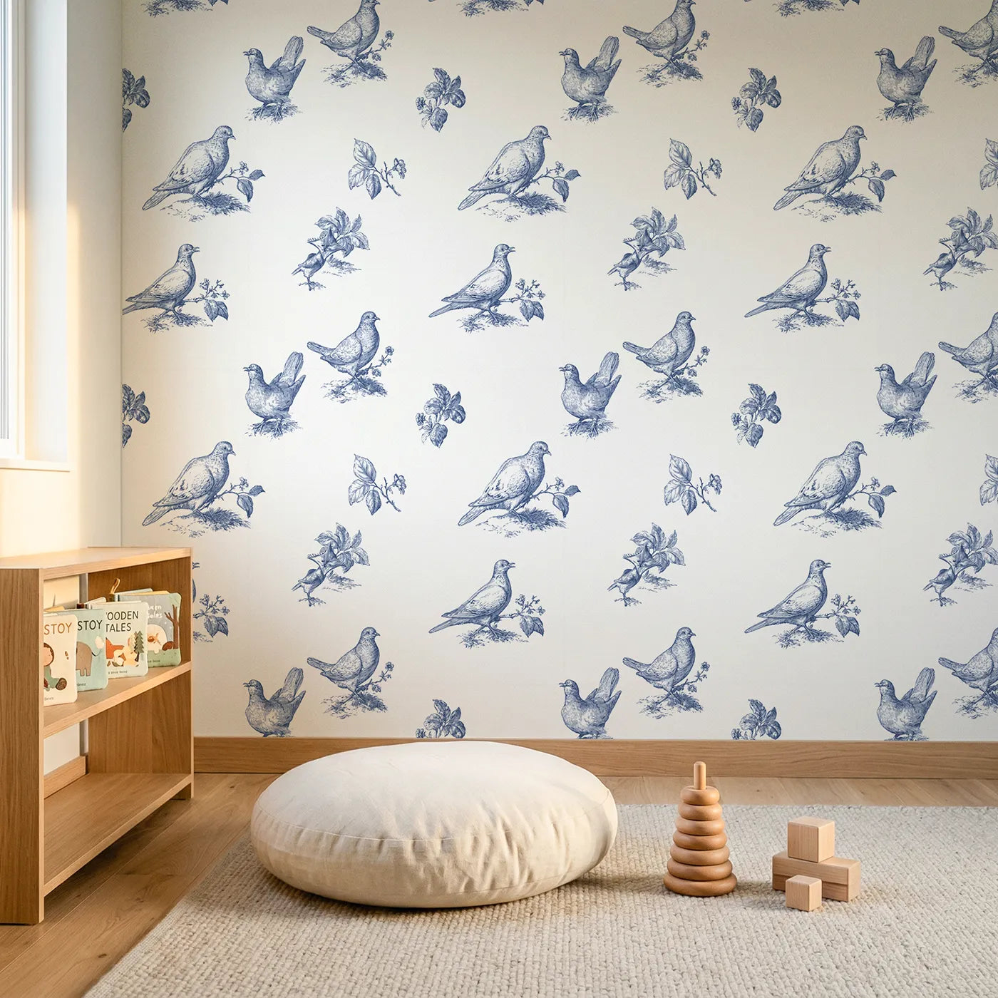 Dove Toile Garden wallpaper in a styled nursery - Whimsy Tots