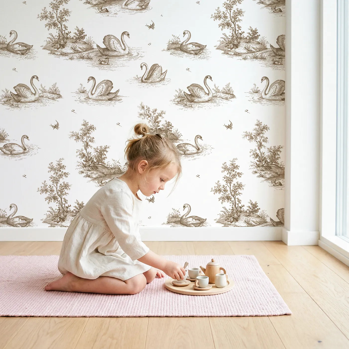 Swan Toile Toss in Brown wallpaper in a cozy kids room - Whimsy Tots