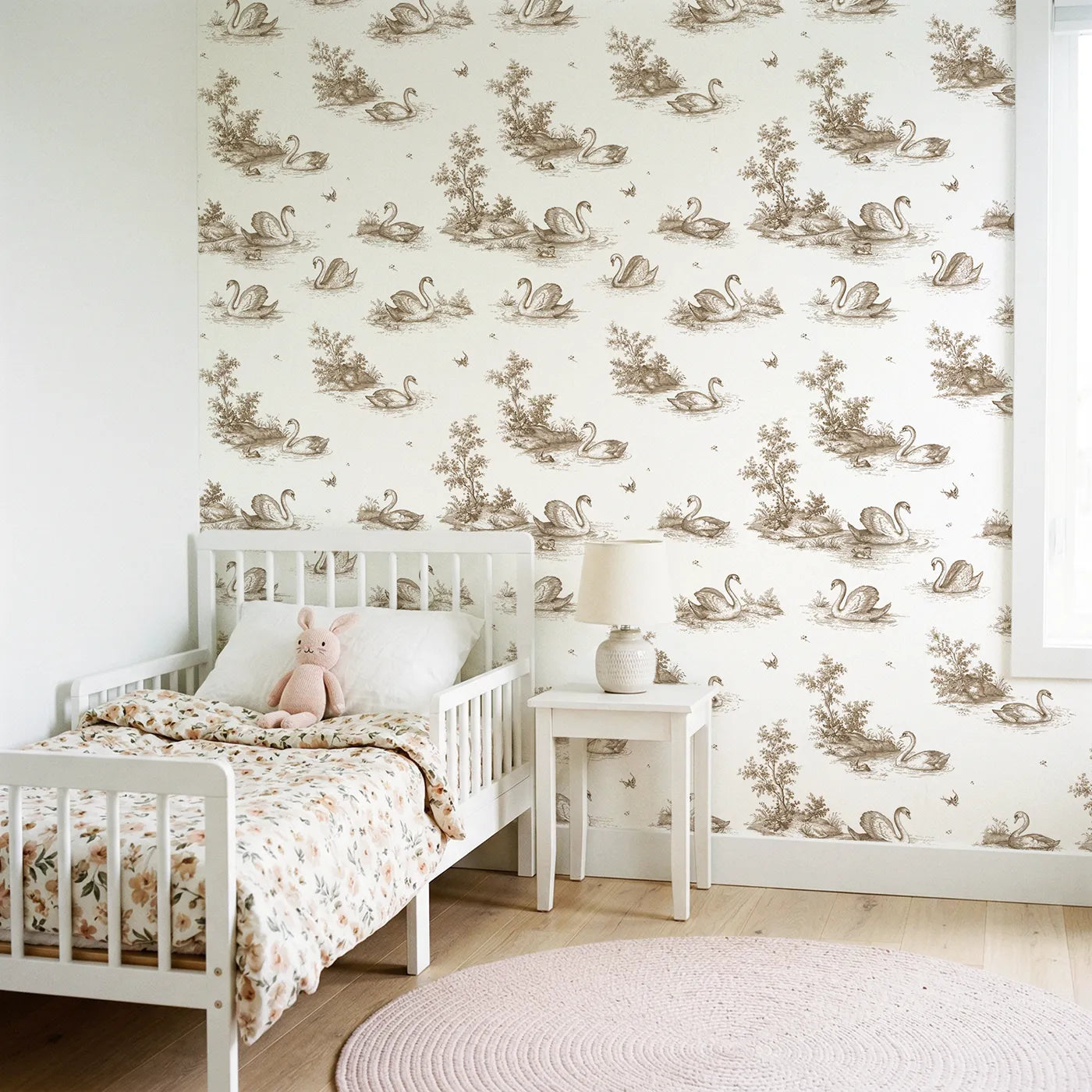 Swan Toile Toss in Brown wallpaper in a styled nursery - Whimsy Tots