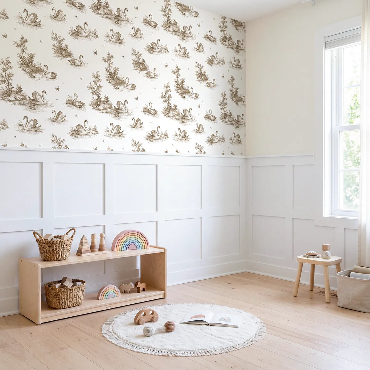 Swan Toile Toss in Brown wallpaper above wainscoting - Whimsy Tots