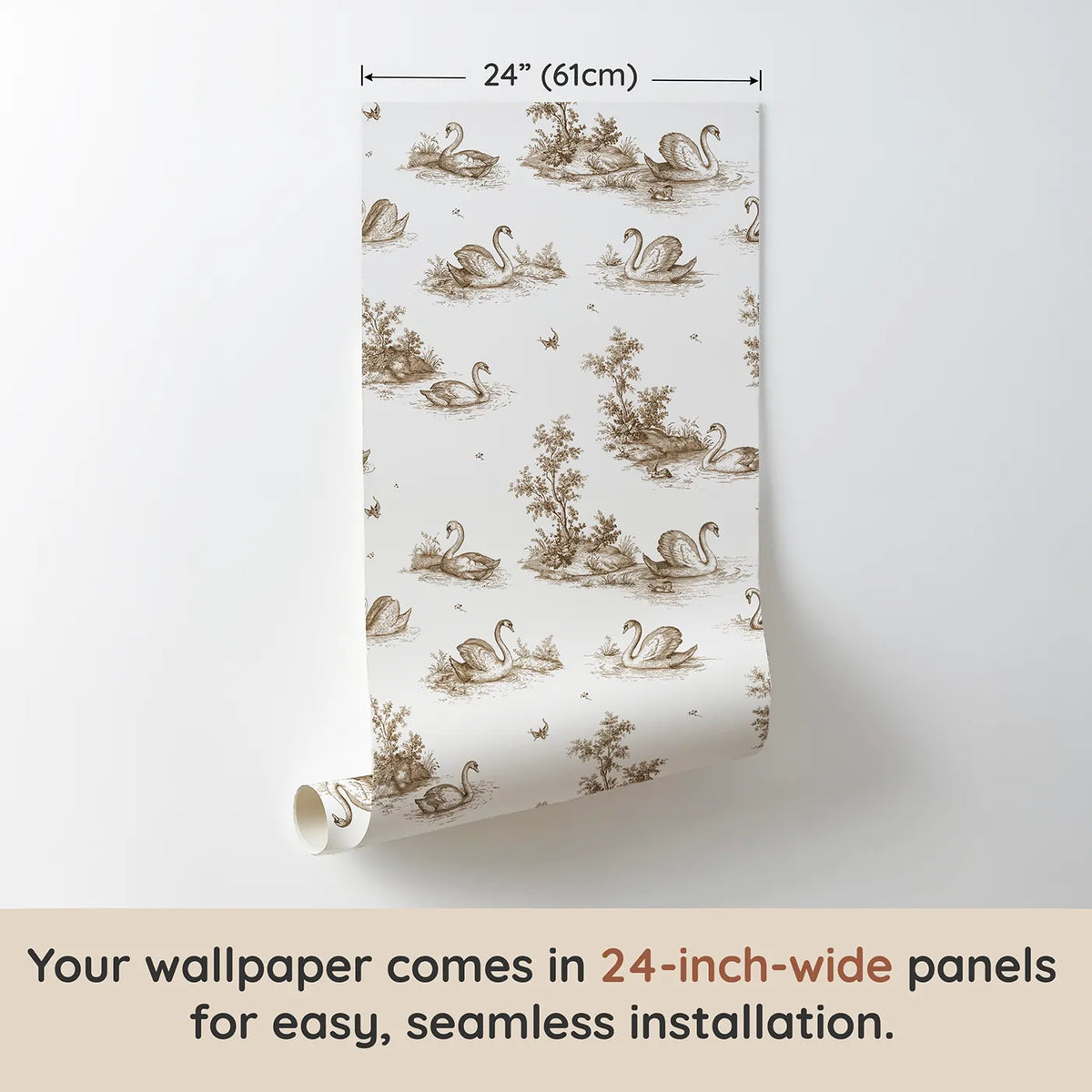 Swan Toile Toss in Brown wallpaper panel dimensions - Whimsy Tots