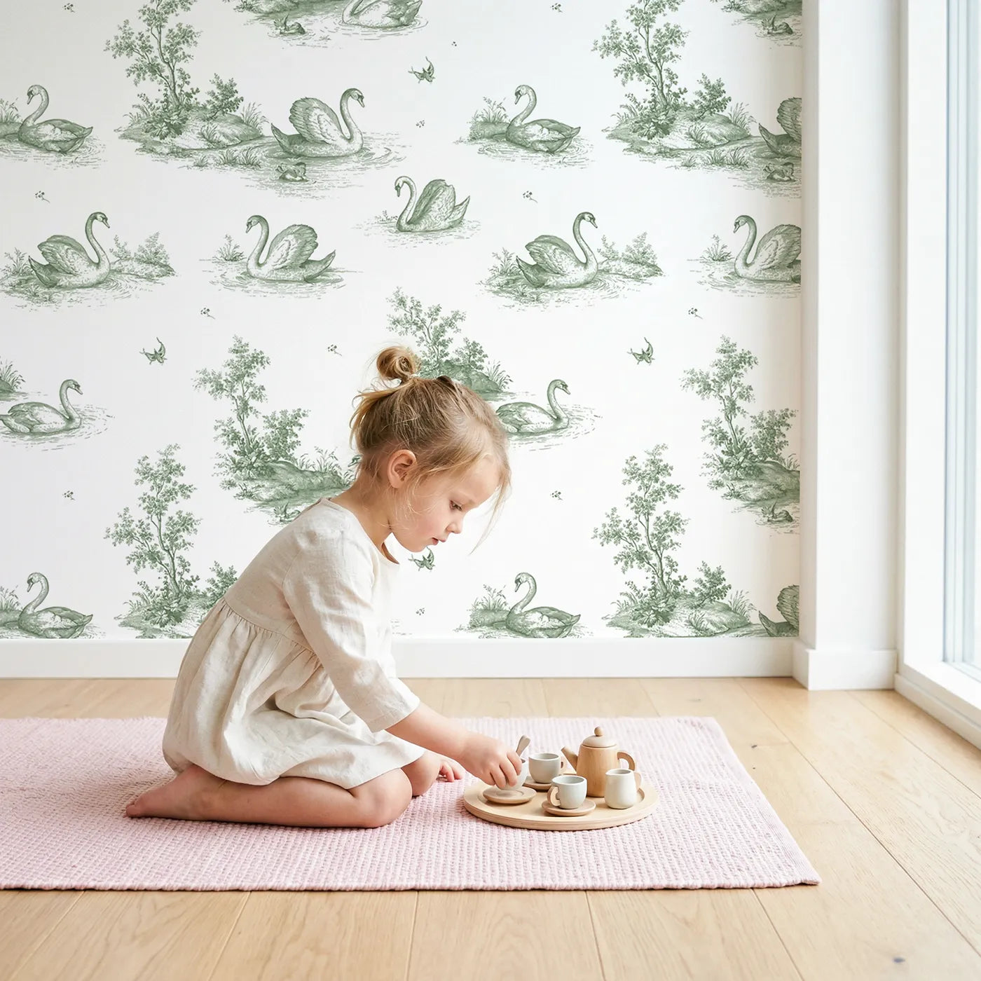 Swan Toile Toss in Green wallpaper in a cozy kids room - Whimsy Tots