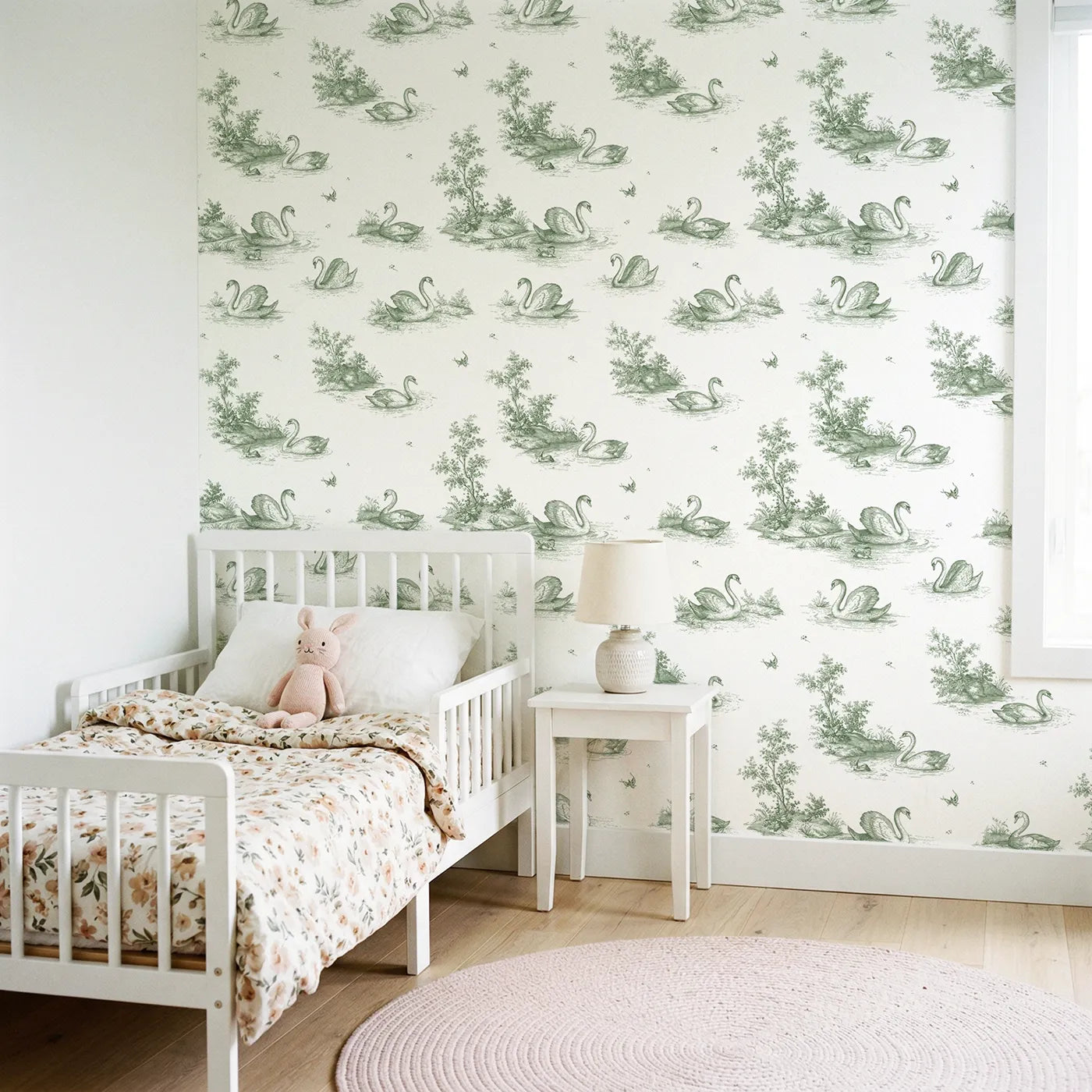 Swan Toile Toss in Green wallpaper in a styled nursery - Whimsy Tots