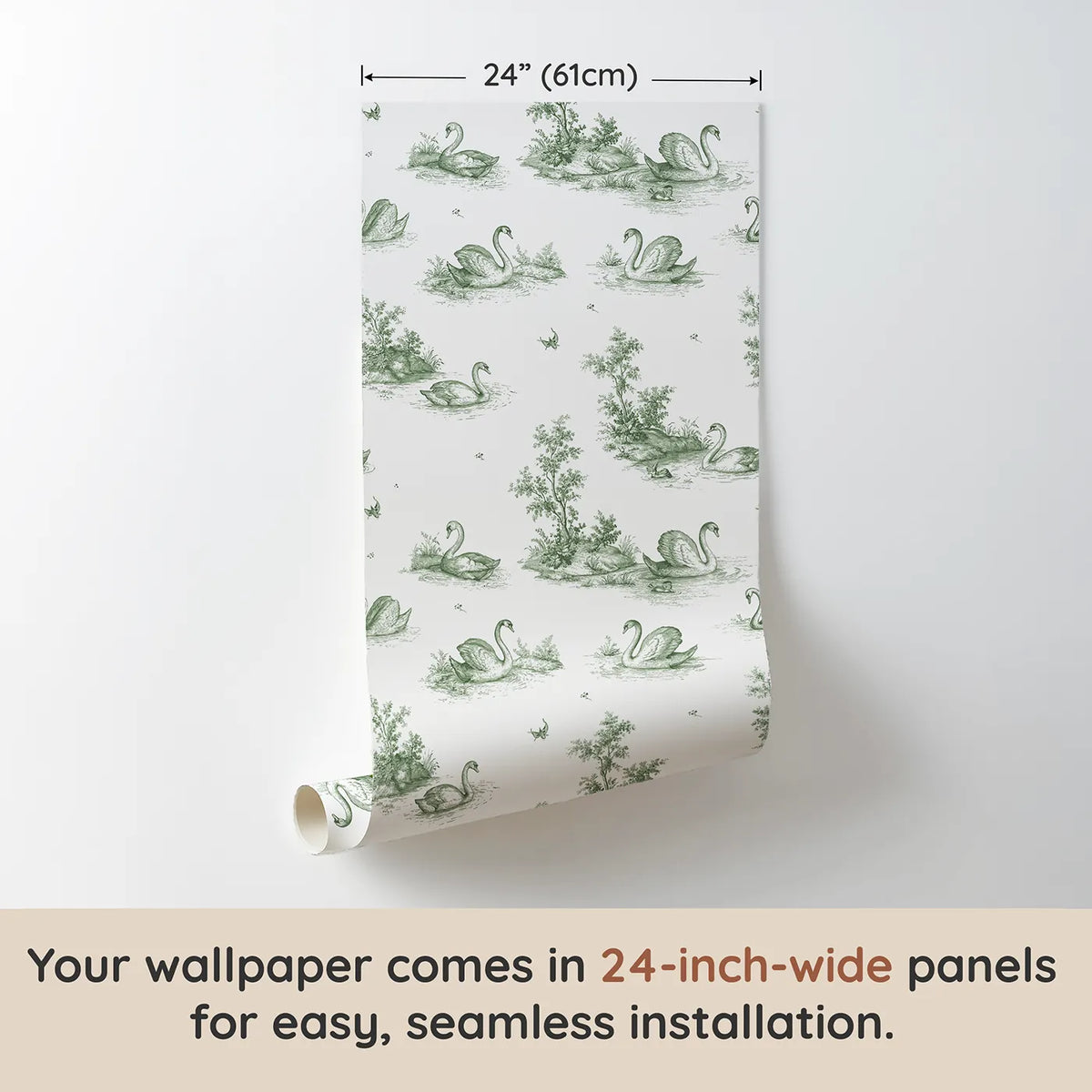 Swan Toile Toss in Green wallpaper panel dimensions - Whimsy Tots