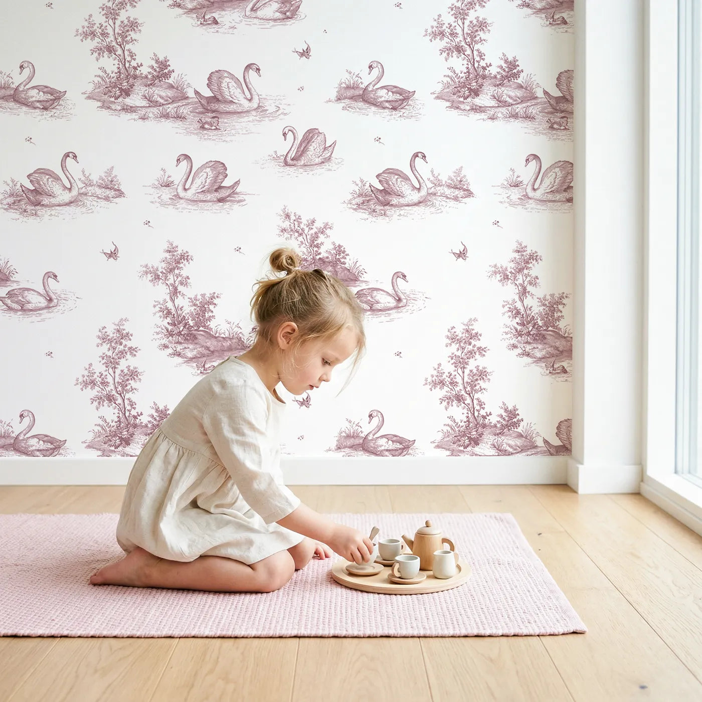 Swan Toile Toss in Pink wallpaper in a cozy kids room - Whimsy Tots