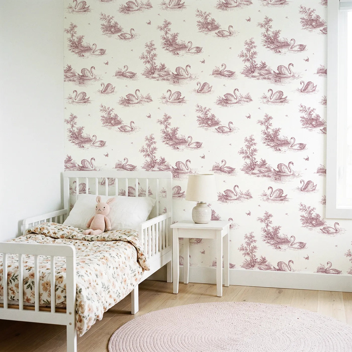 Swan Toile Toss in Pink wallpaper in a styled nursery - Whimsy Tots