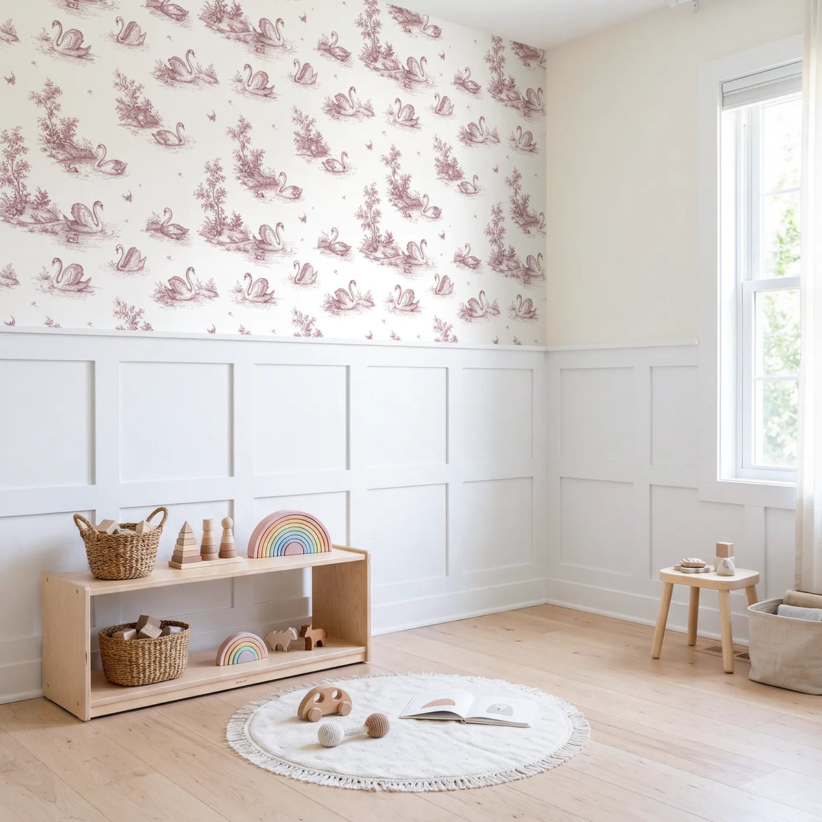 Swan Toile Toss in Pink wallpaper above wainscoting - Whimsy Tots