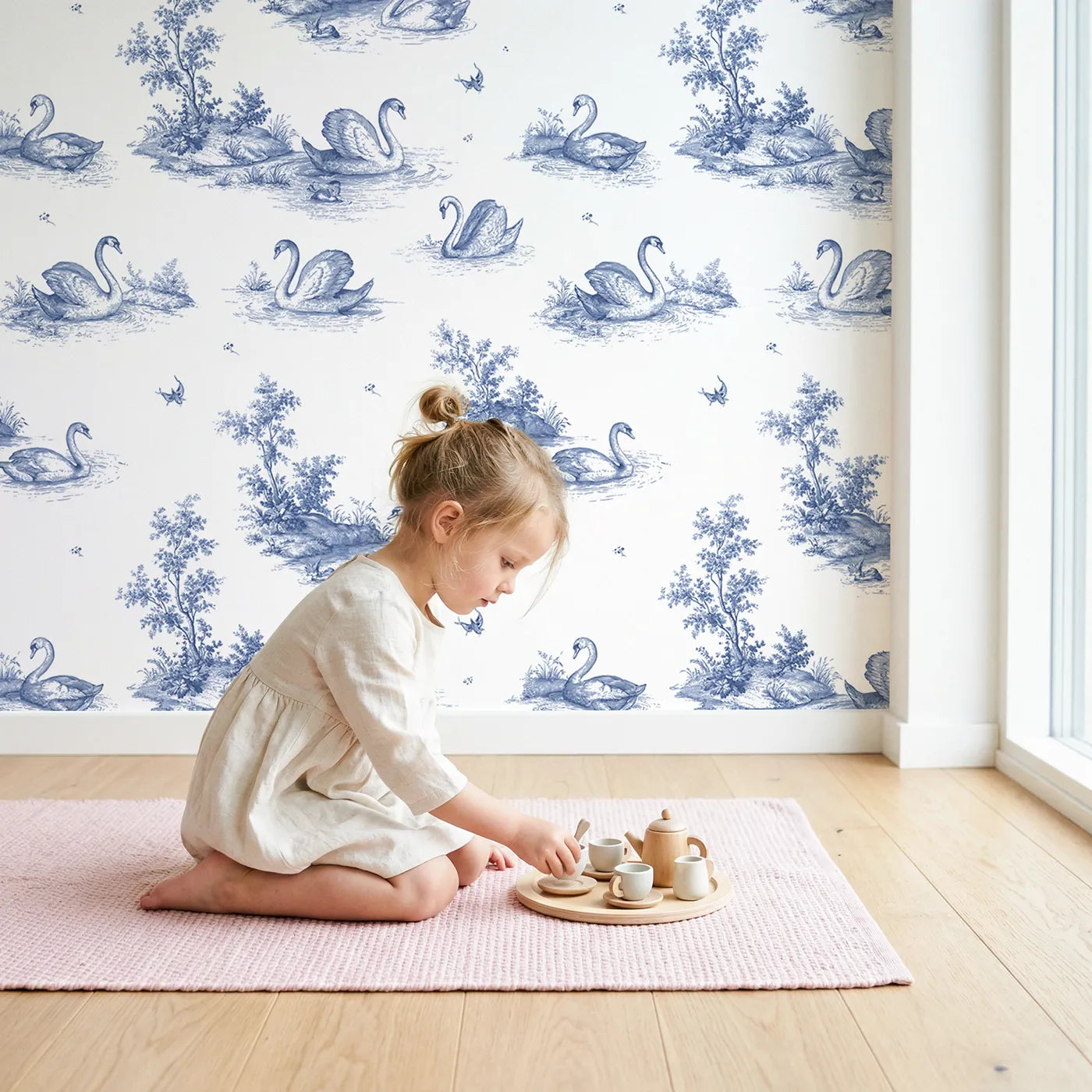 Swan Toile Toss wallpaper in a cozy kids room - Whimsy Tots