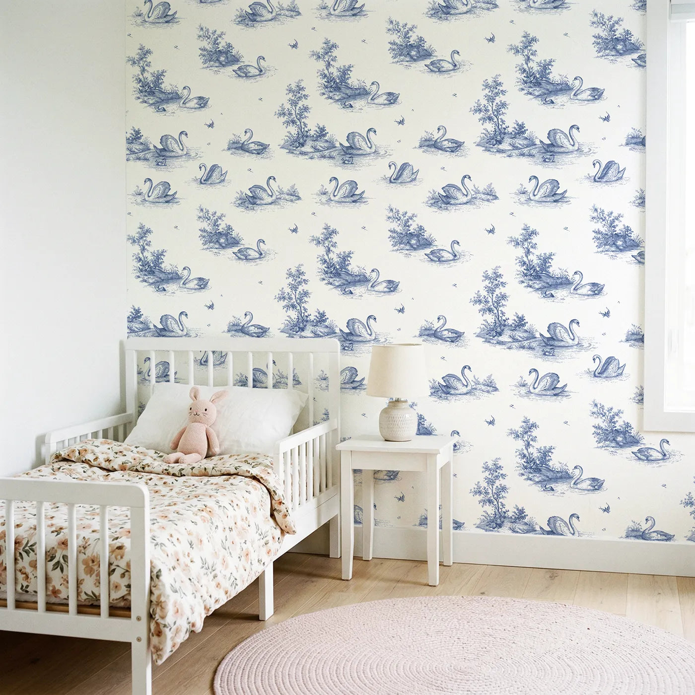 Swan Toile Toss wallpaper in a styled nursery - Whimsy Tots