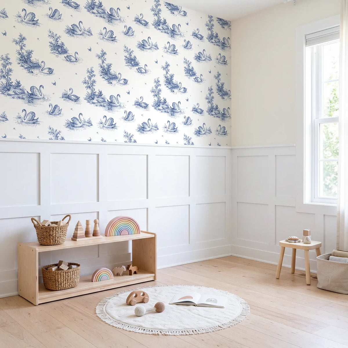 Swan Toile Toss wallpaper above wainscoting - Whimsy Tots