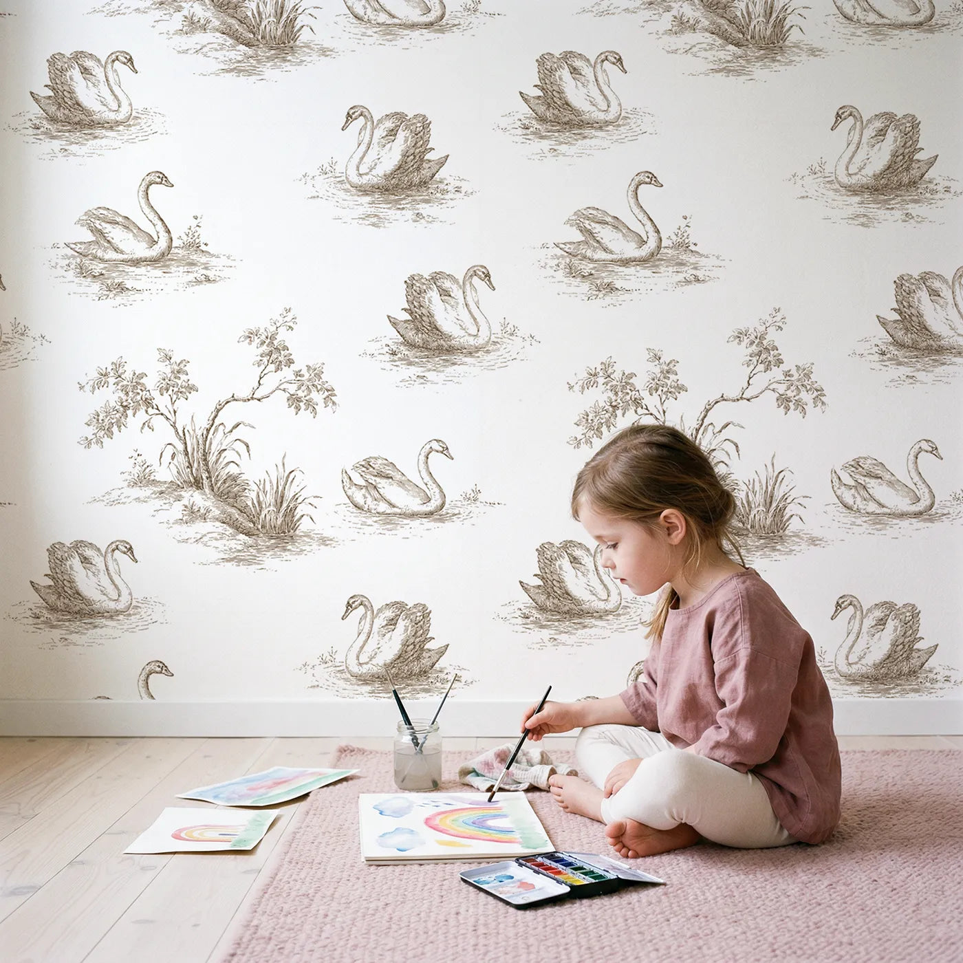 Swan Toile Rows in Brown wallpaper in a cozy kids room - Whimsy Tots