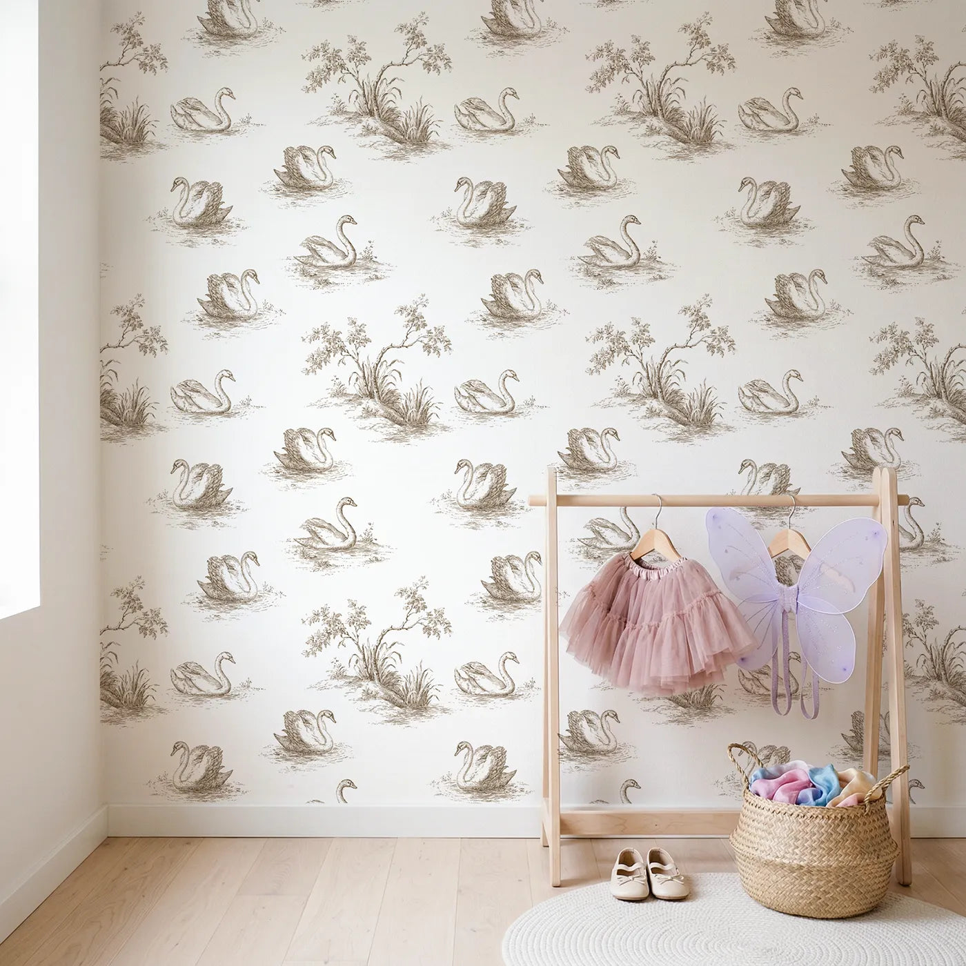 Swan Toile Rows in Brown wallpaper in a styled nursery - Whimsy Tots