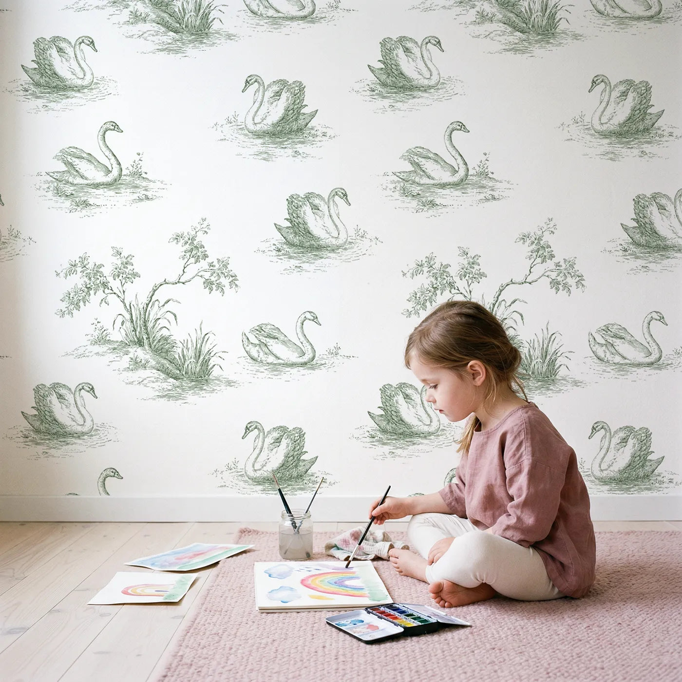 Swan Toile Rows in Green wallpaper in a cozy kids room - Whimsy Tots