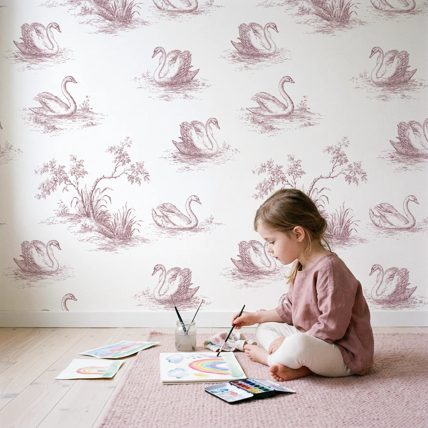 Swan Toile Rows in Pink wallpaper in a cozy kids room - Whimsy Tots