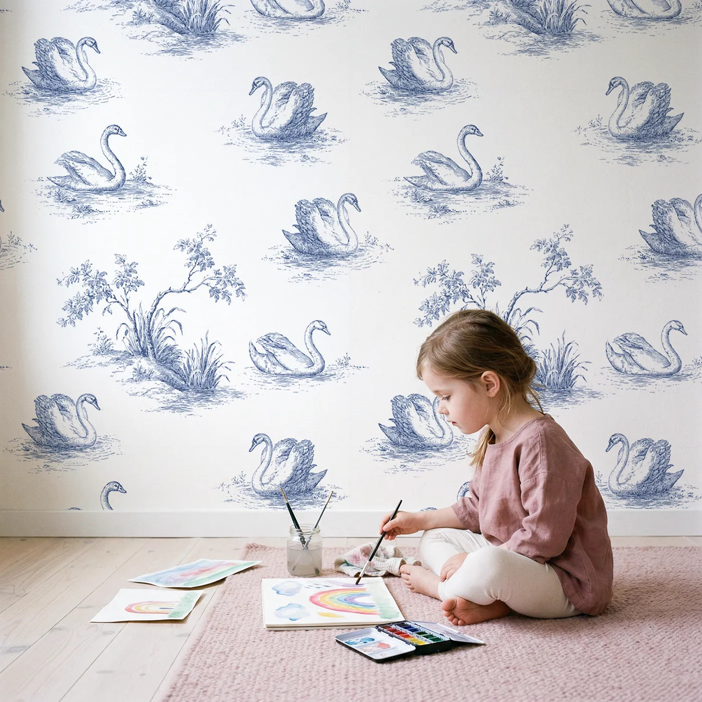 Swan Toile Rows wallpaper in a cozy kids room - Whimsy Tots