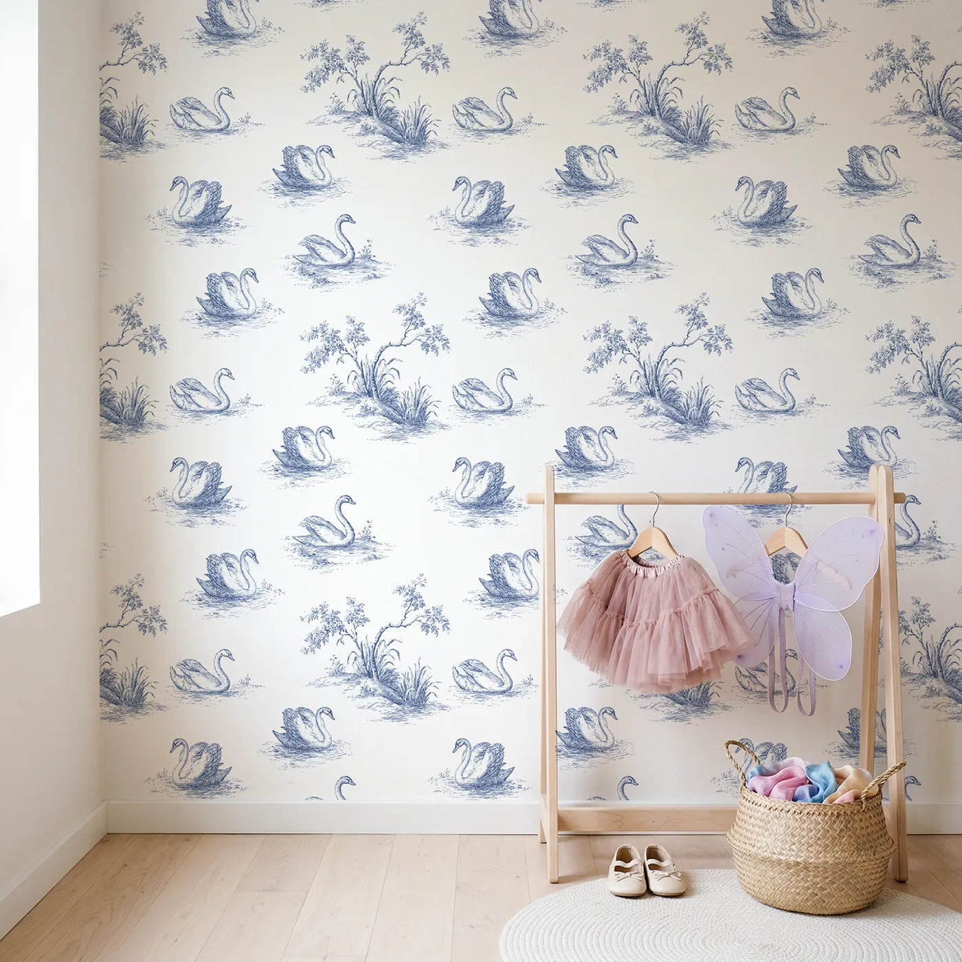 Swan Toile Rows wallpaper in a styled nursery - Whimsy Tots