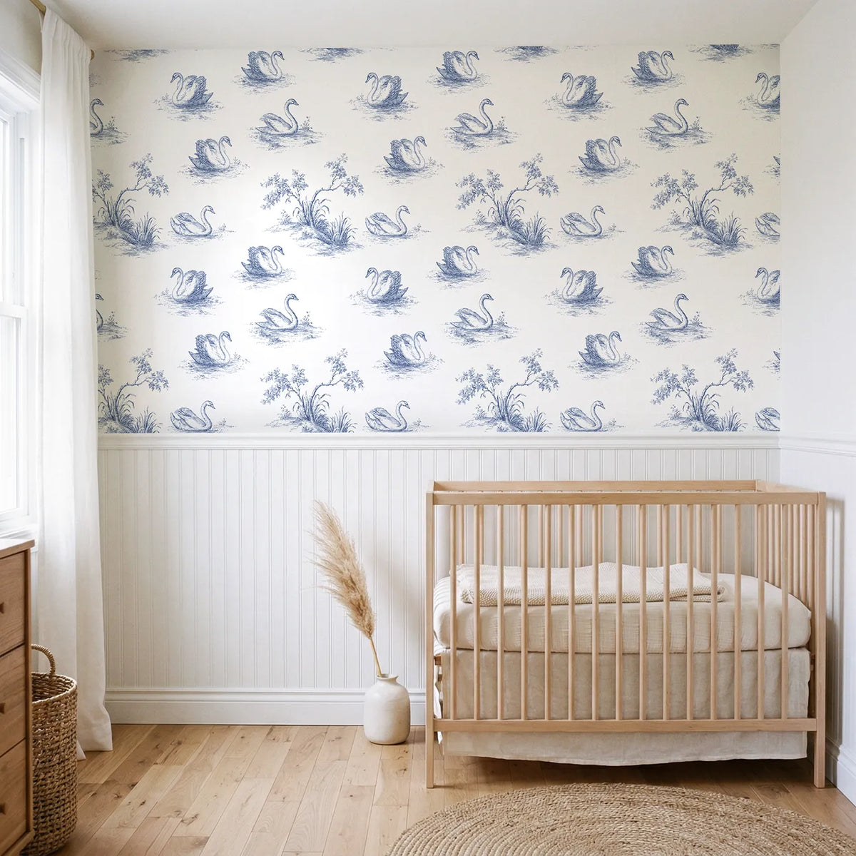Swan Toile Rows wallpaper above wainscoting - Whimsy Tots