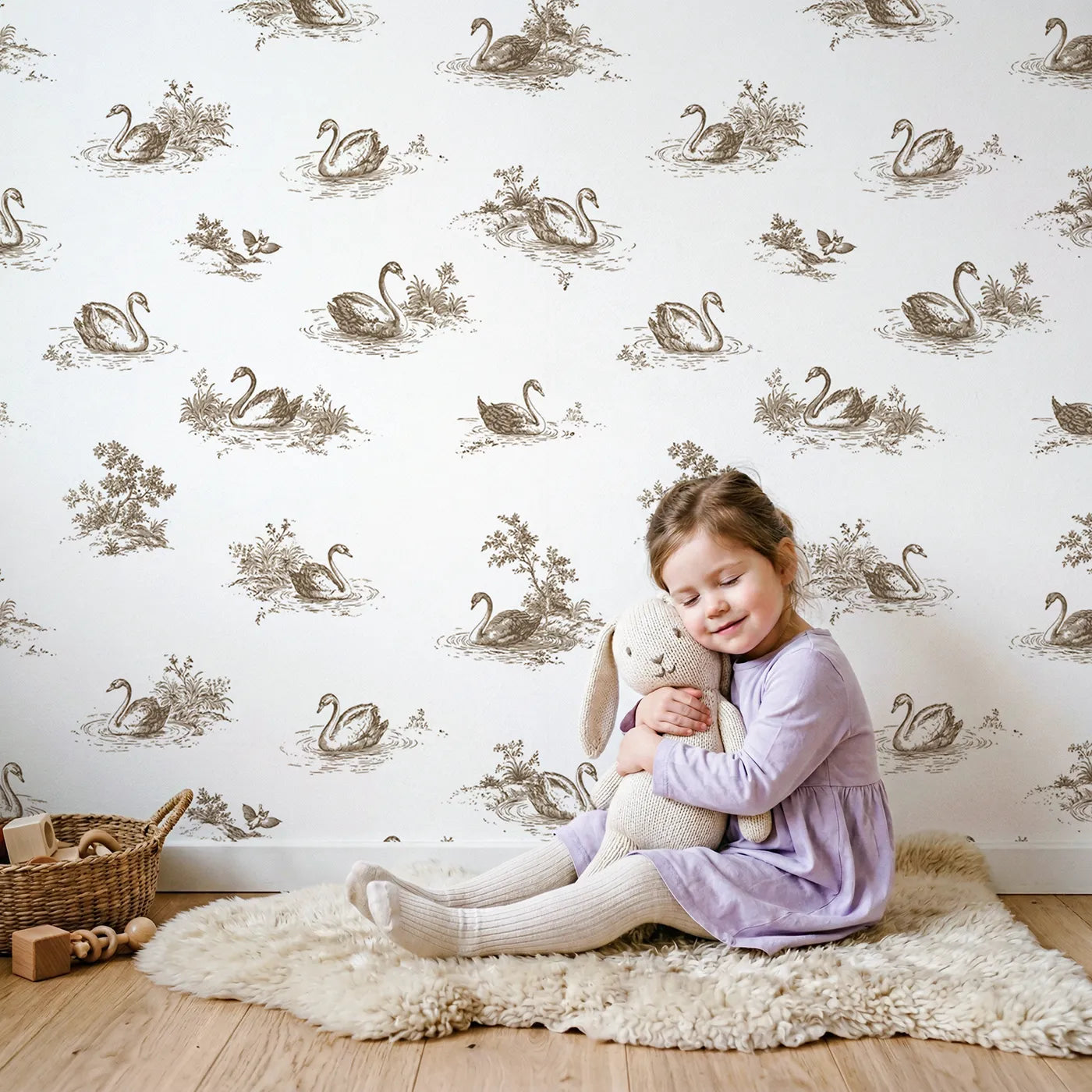 Swan Toile Drop in Brown wallpaper in a cozy kids room - Whimsy Tots