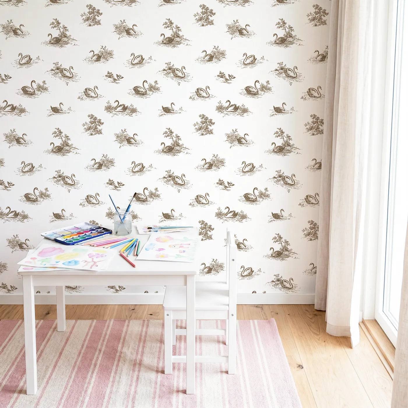 Swan Toile Drop in Brown wallpaper in a styled nursery - Whimsy Tots
