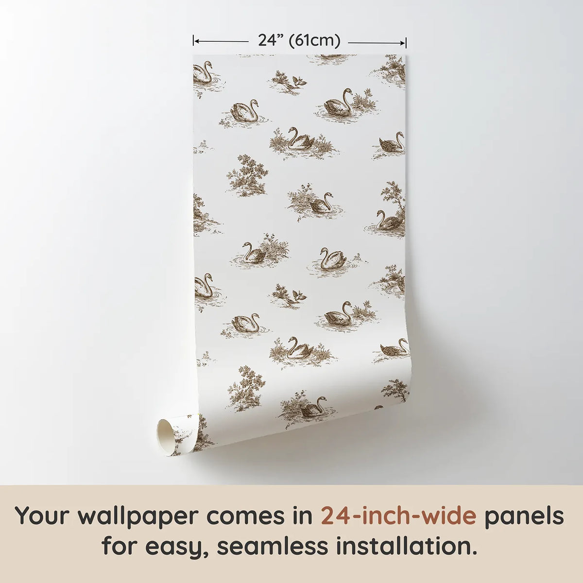 Swan Toile Drop in Brown wallpaper panel dimensions - Whimsy Tots
