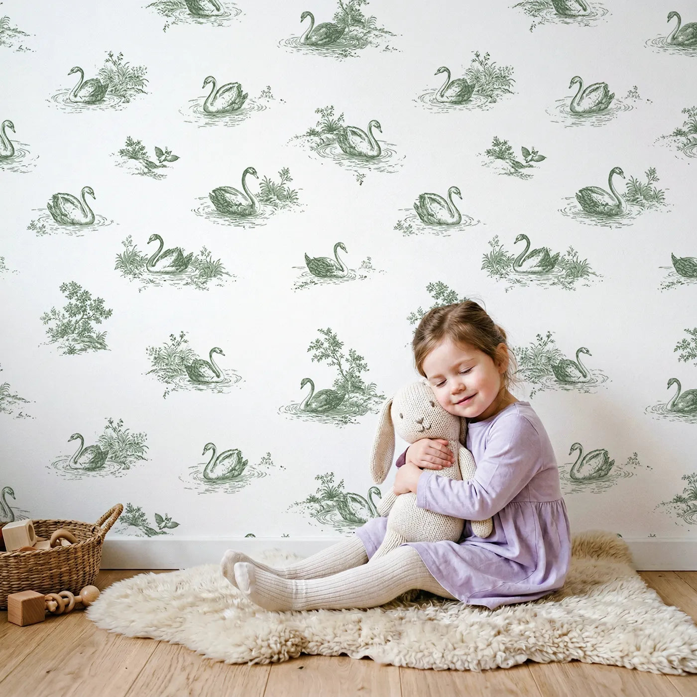 Swan Toile Drop in Green wallpaper in a cozy kids room - Whimsy Tots