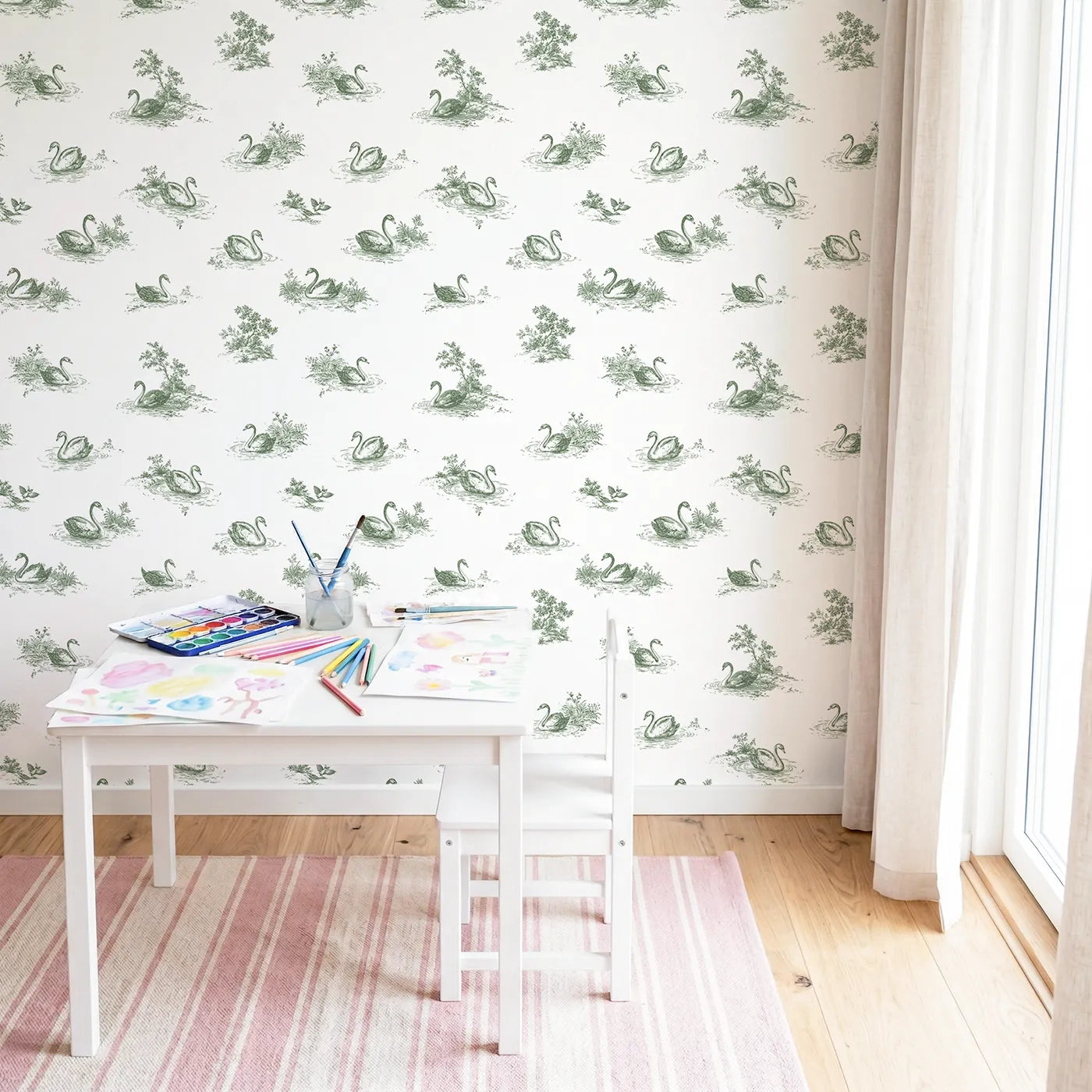 Swan Toile Drop in Green wallpaper in a styled nursery - Whimsy Tots