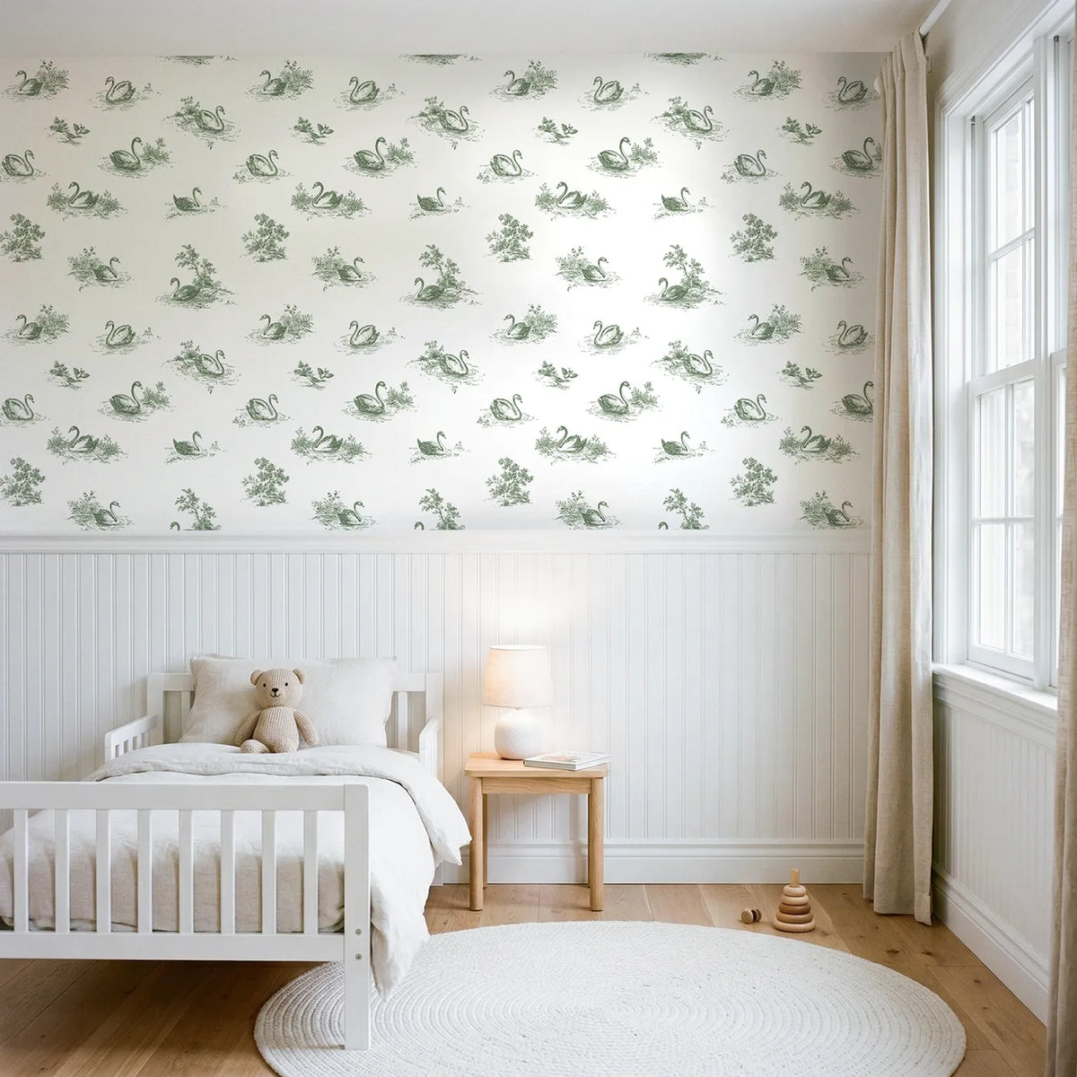 Swan Toile Drop in Green wallpaper above wainscoting - Whimsy Tots