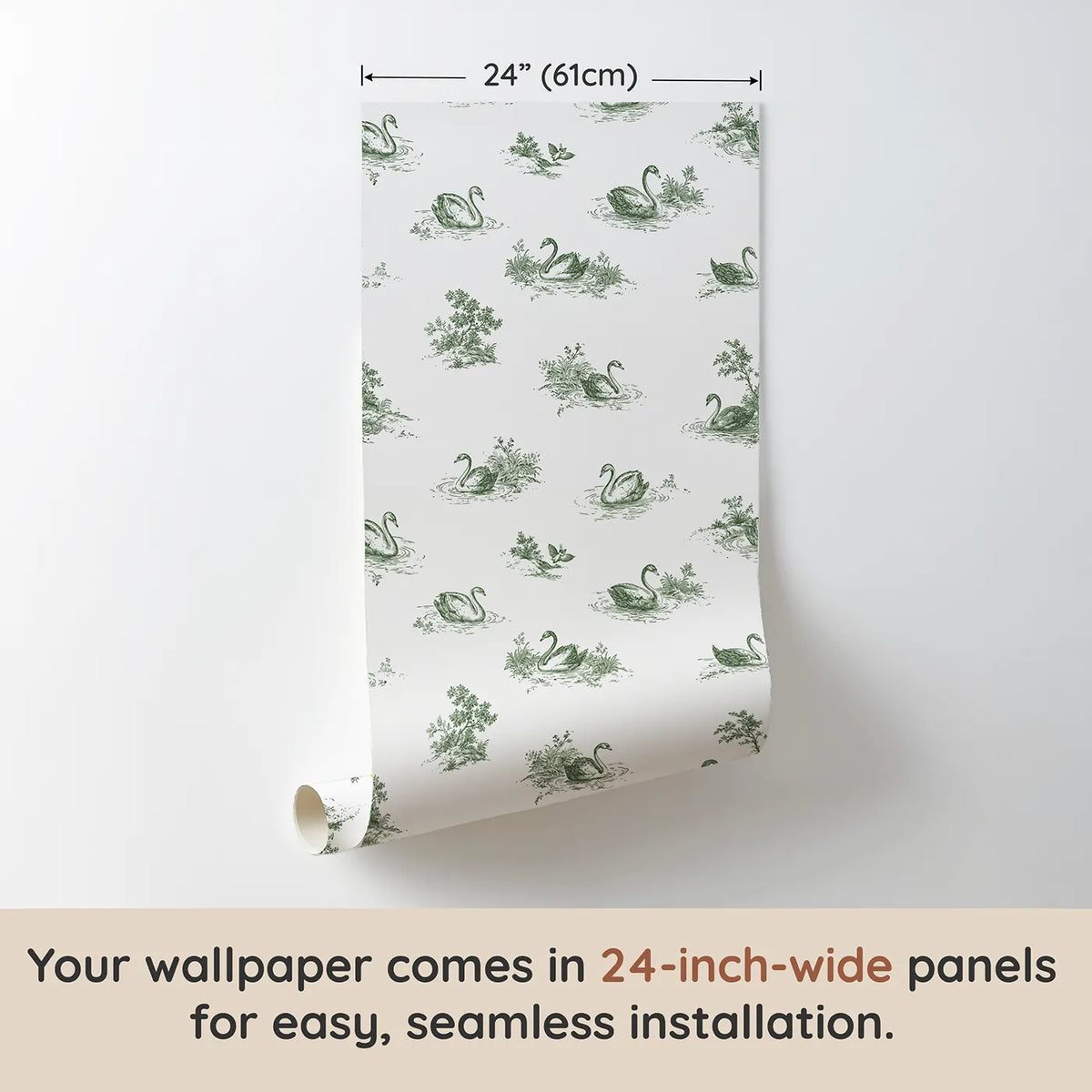 Swan Toile Drop in Green wallpaper panel dimensions - Whimsy Tots
