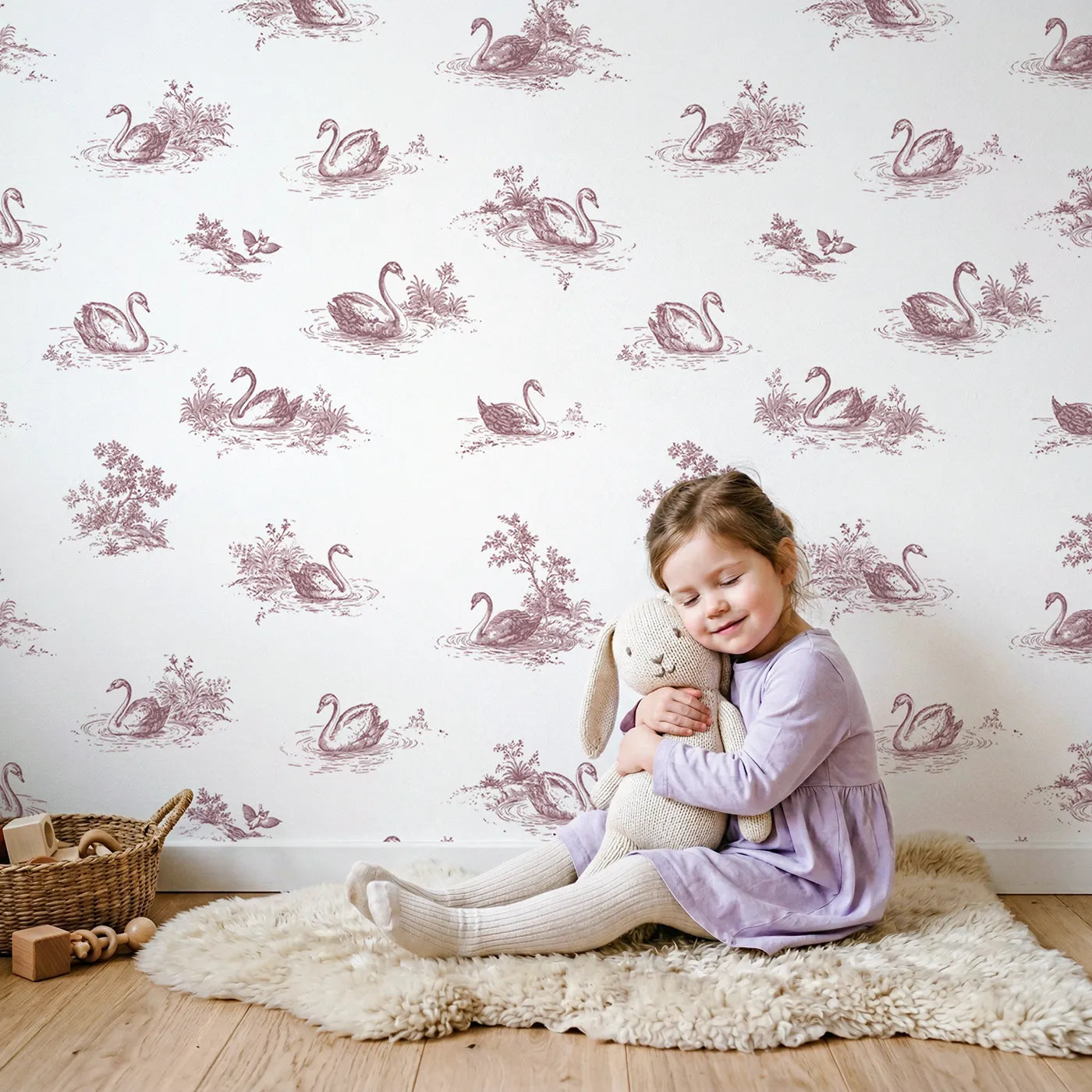 Swan Toile Drop in Pink wallpaper in a cozy kids room - Whimsy Tots
