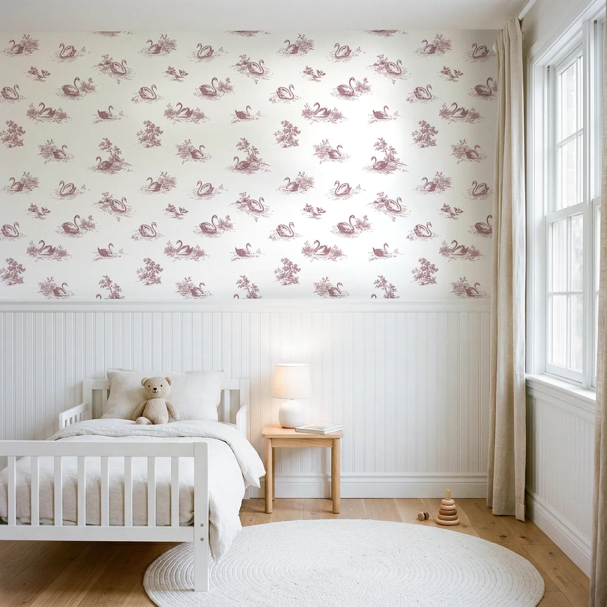 Swan Toile Drop in Pink wallpaper above wainscoting - Whimsy Tots