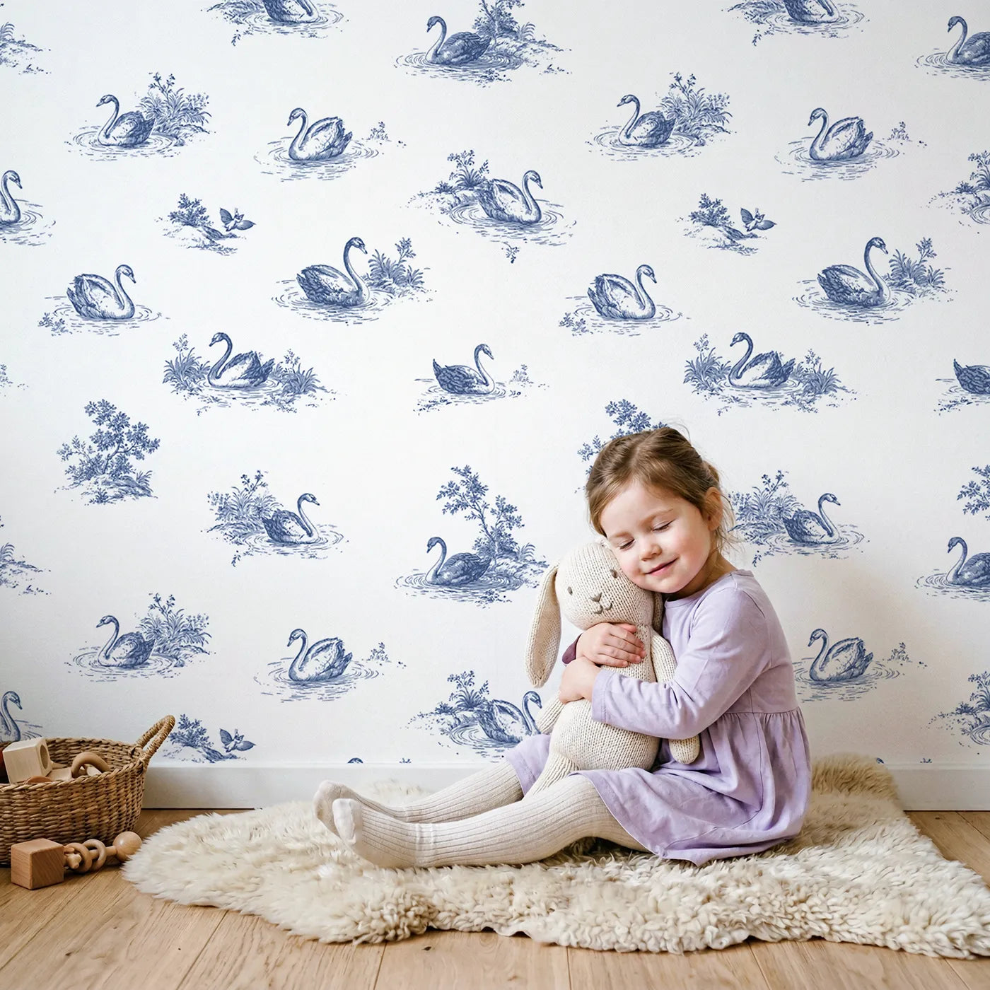 Swan Toile Drop wallpaper in a cozy kids room - Whimsy Tots